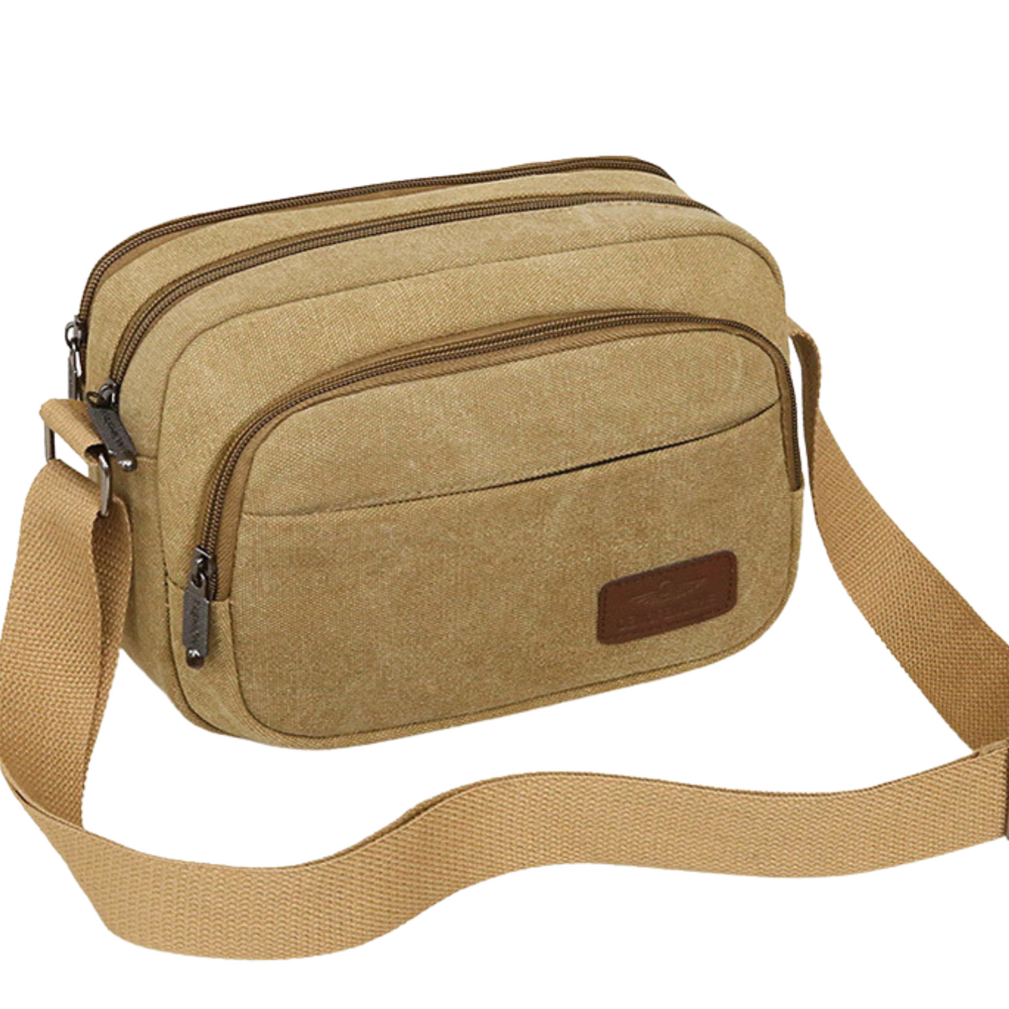 Small men's women's canvas cross body bag with 5 zippers, adjustable strap, in a stylish beige color.