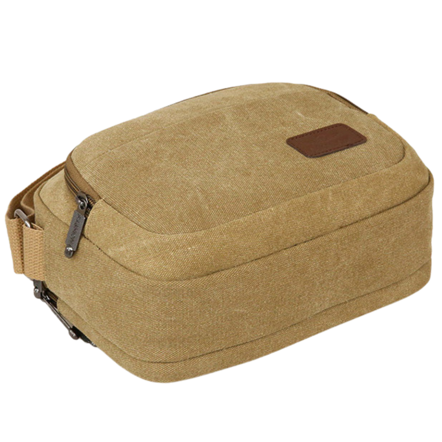 Small men's women's 5 zipper canvas satchel cross body bag in beige with adjustable strap for ultimate organization.