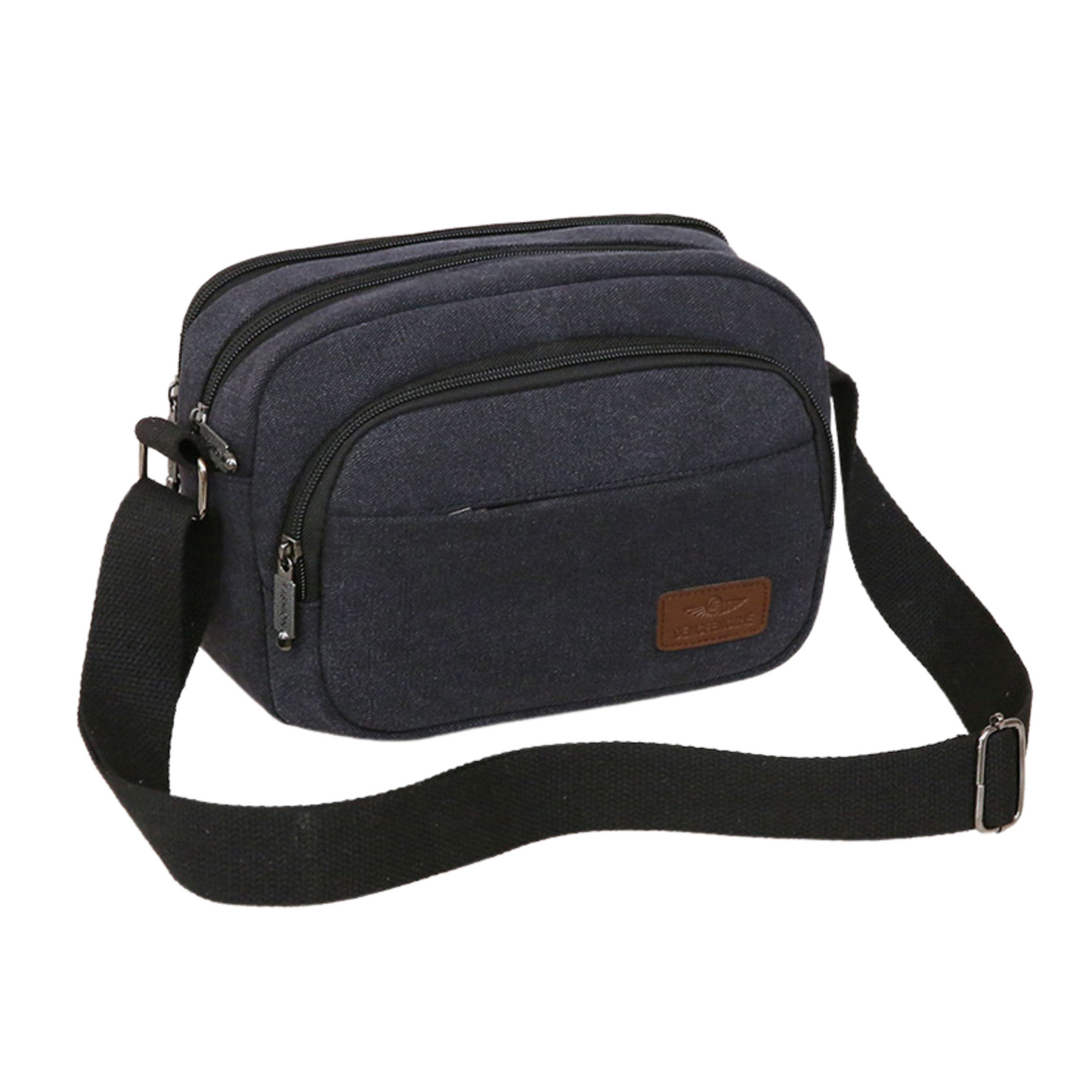 Small men's women's 5 zipper canvas satchel cross body bag in navy, featuring adjustable strap and multiple compartments.