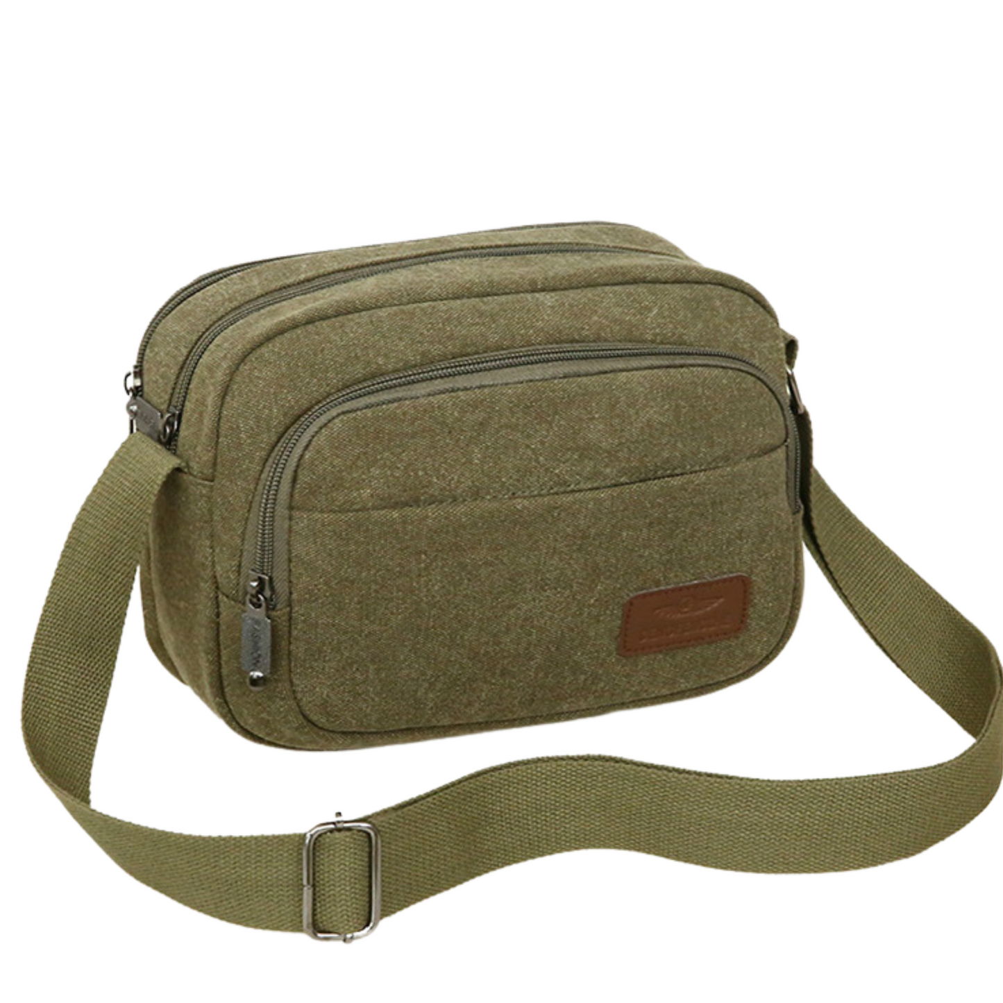 Small men's women's olive green 5 zipper canvas satchel cross body bag with adjustable strap.