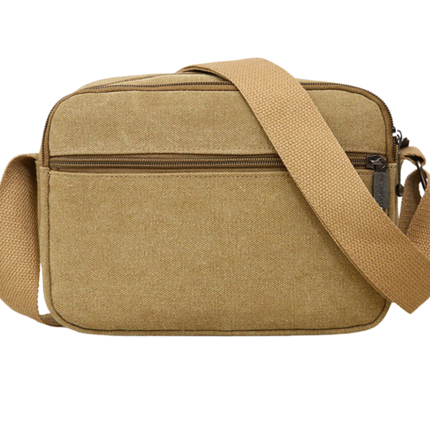 Small men's women's 5 zipper canvas satchel cross body bag in khaki with adjustable strap.