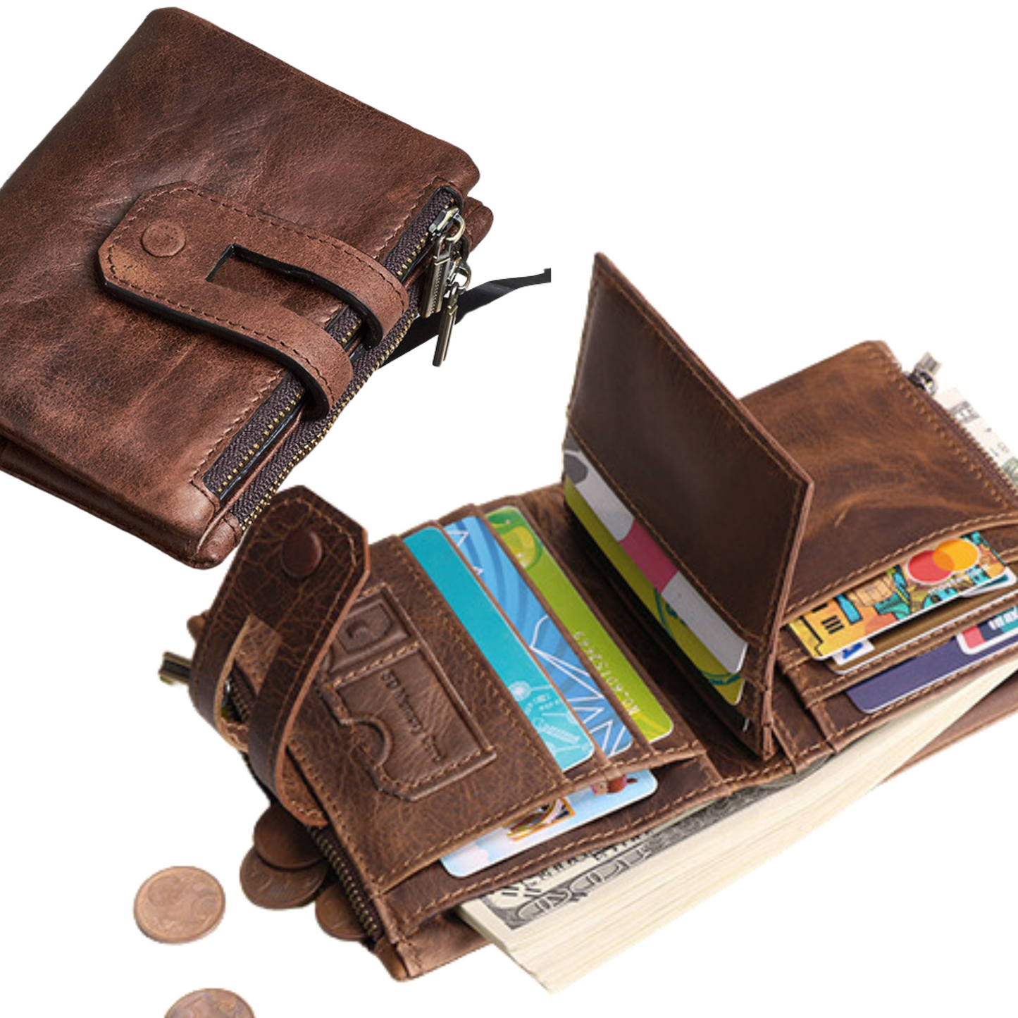 Men's compact full grain genuine leather wallet in brown with credit card slots and coin pockets.