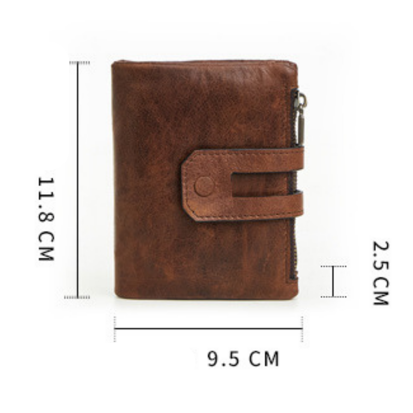 Men's compact cash and coin wallet in brown leather, measuring 11.8 x 9.5 x 2.5 cm with secure closure.