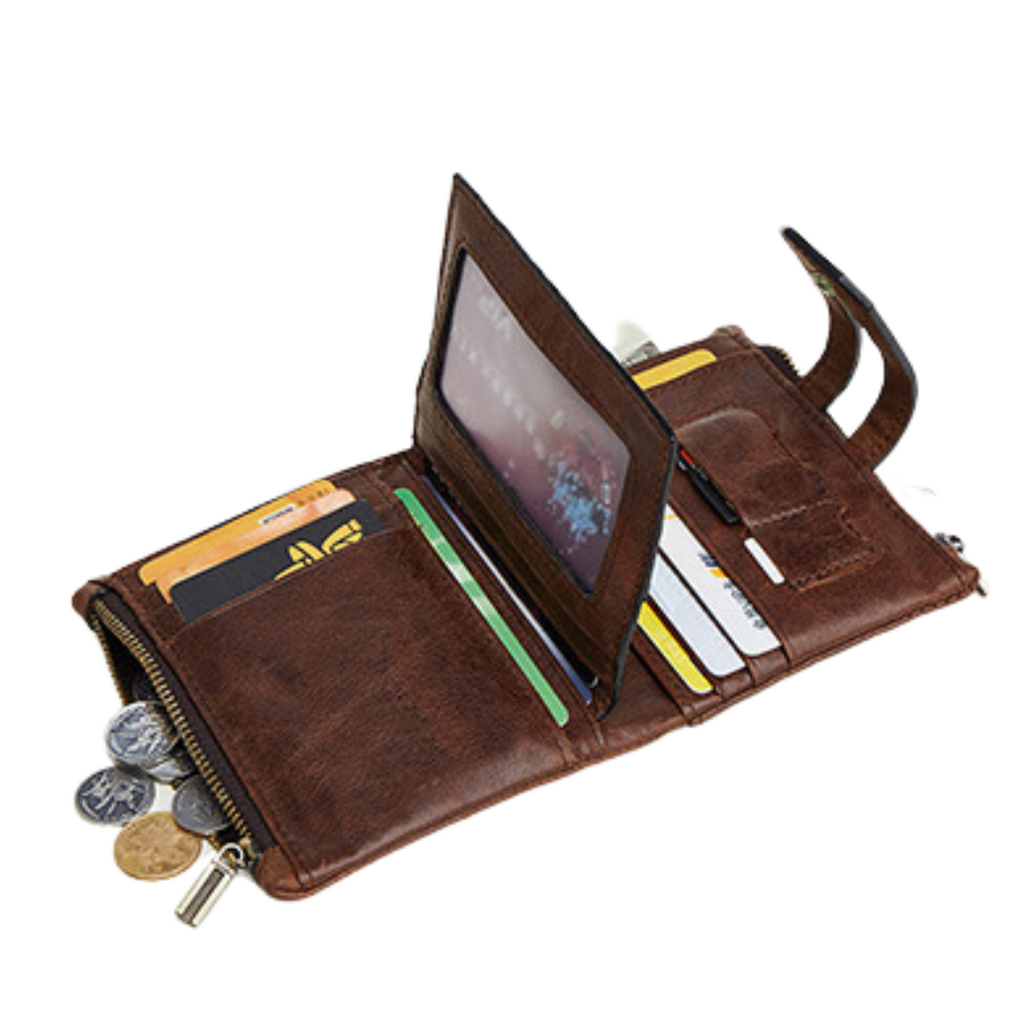 Men's compact leather wallet in brown, featuring credit card slots, cash compartment, and coin pockets.