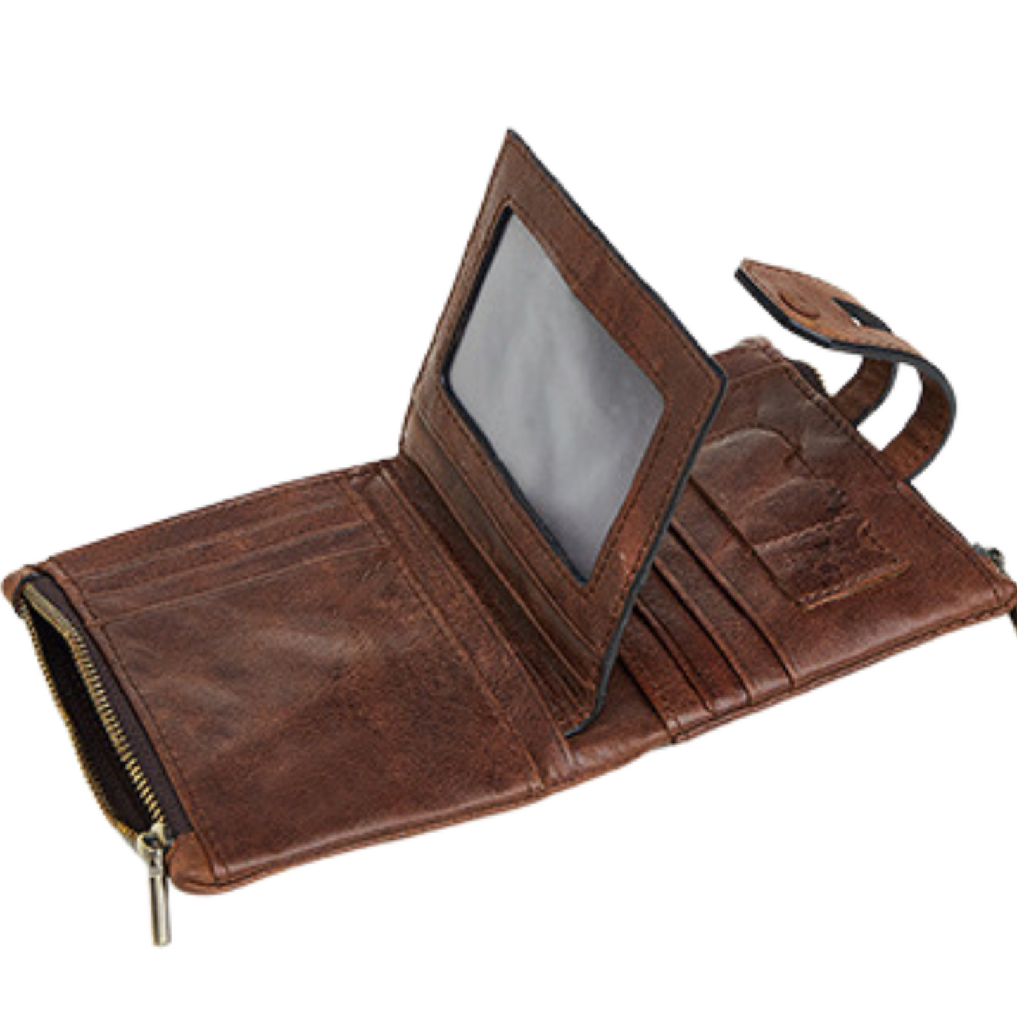 Men's brown full grain leather wallet showing credit card slots and clear ID window.