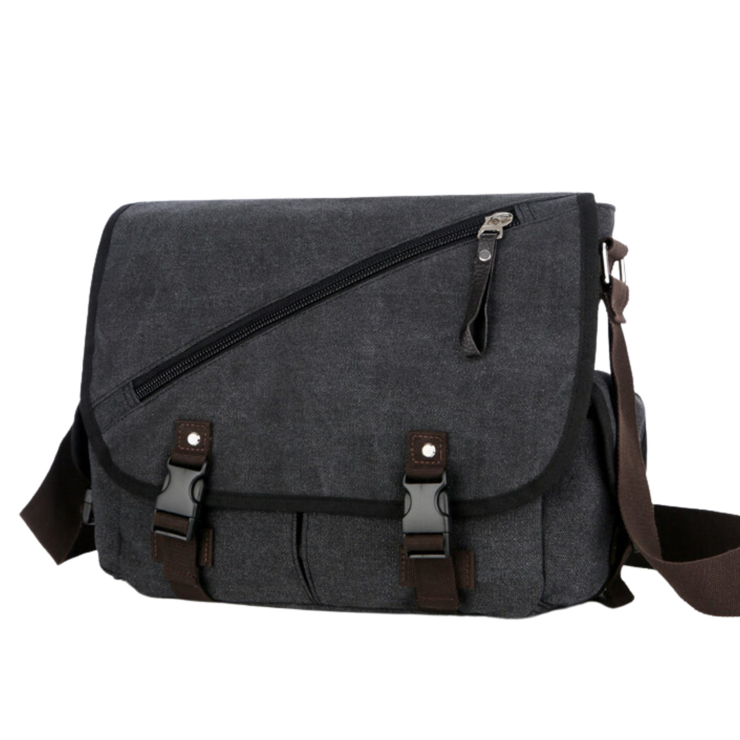 Stylish large canvas satchel bag in dark gray, perfect for travel or work, featuring strong clips and ample storage.