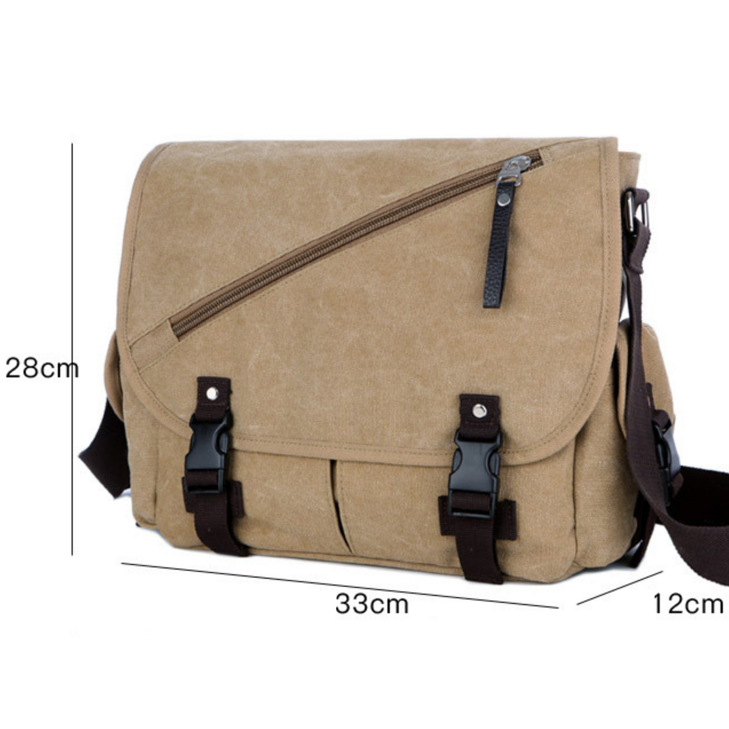Large canvas satchel bag dimensions 33cm x 28cm x 12cm, ideal for travel and everyday use.