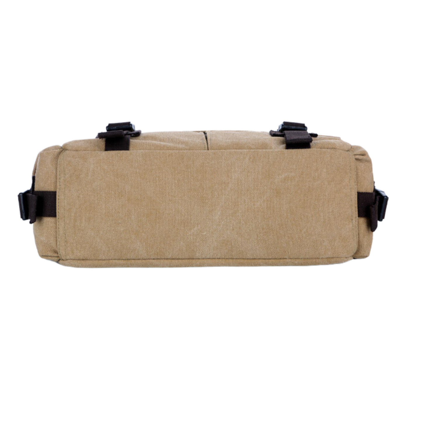 Large canvas satchel bag underside view showcasing strong construction and adjustable clips for travel convenience.