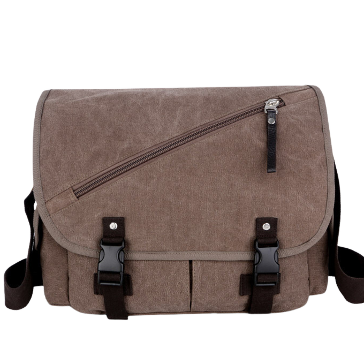 Large canvas satchel bag with zipper and clips, perfect for travel and everyday use, suitable for men and women.