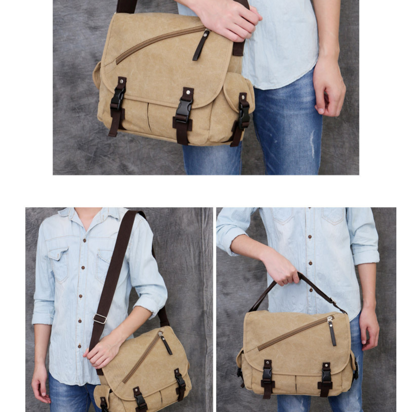 Large canvas satchel bag shown in various angles, ideal travel messenger for men and women.