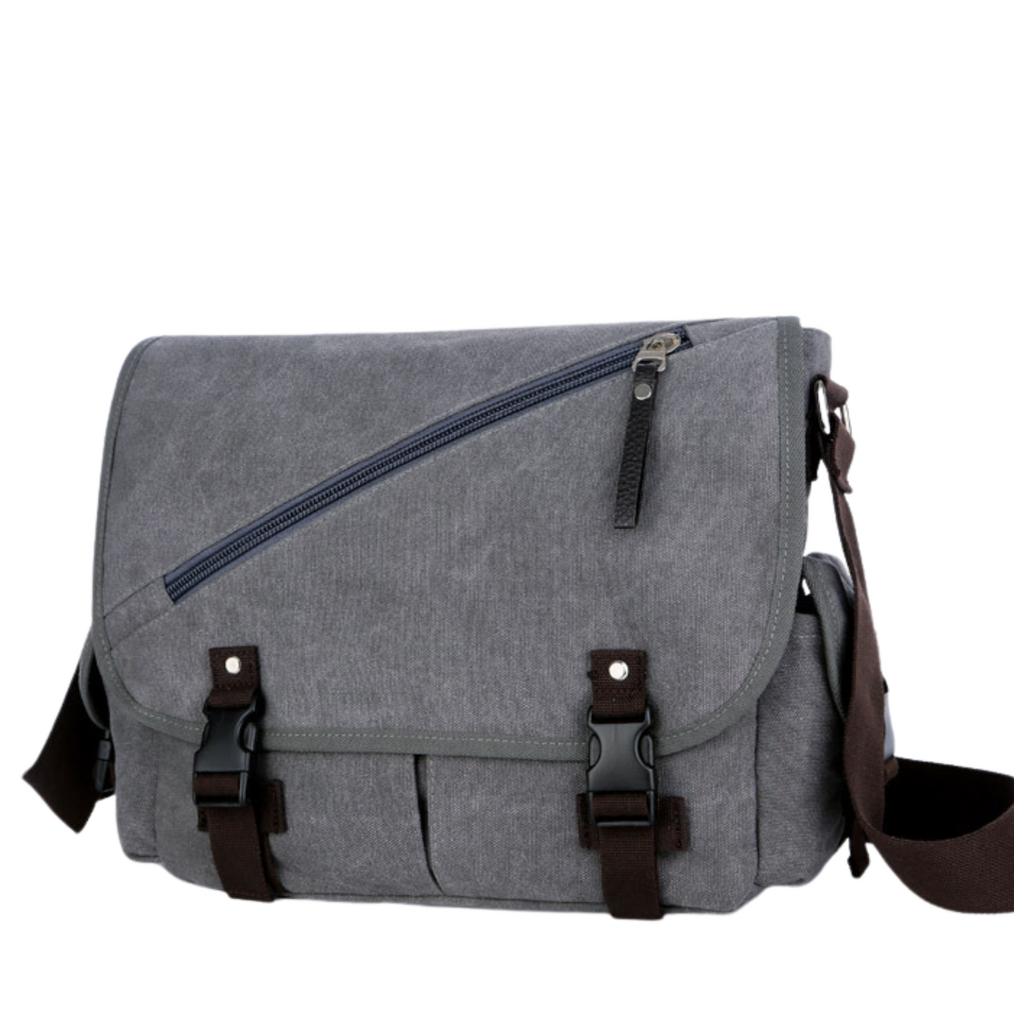 Large canvas satchel bag in gray, perfect for travel and daily use, featuring adjustable strap and front zipper.