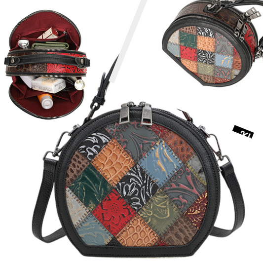 Colorful patchwork leather crossbody handbag with zippered openings and dual carry handles.