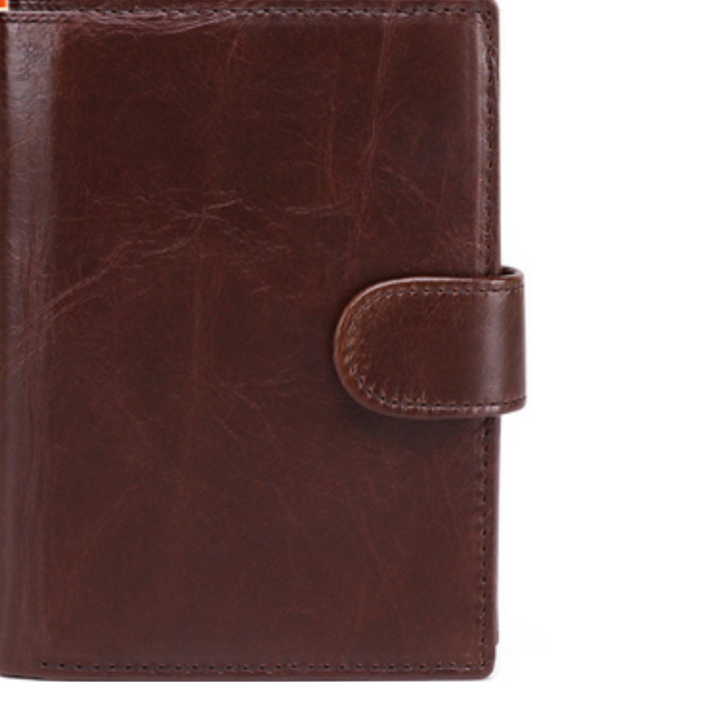 Top grain genuine leather wallet organizer with secure closure for cash and cards.
