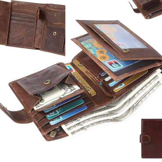 Top Grain Genuine Leather Cash Coin Wallet Organiser featuring multiple card slots and ample cash storage.