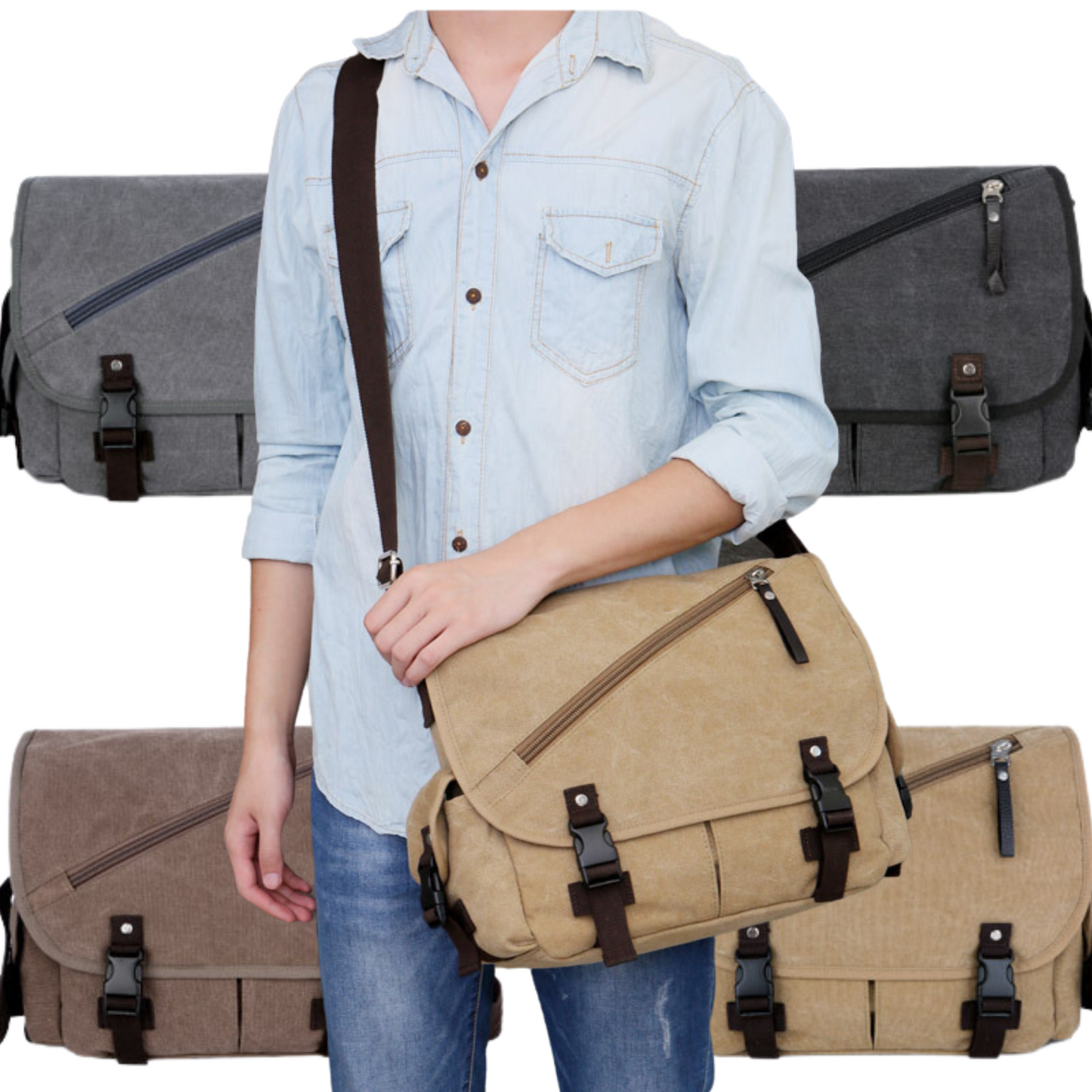 Large canvas satchel bag for men and women in four colors, perfect for travel and daily use.