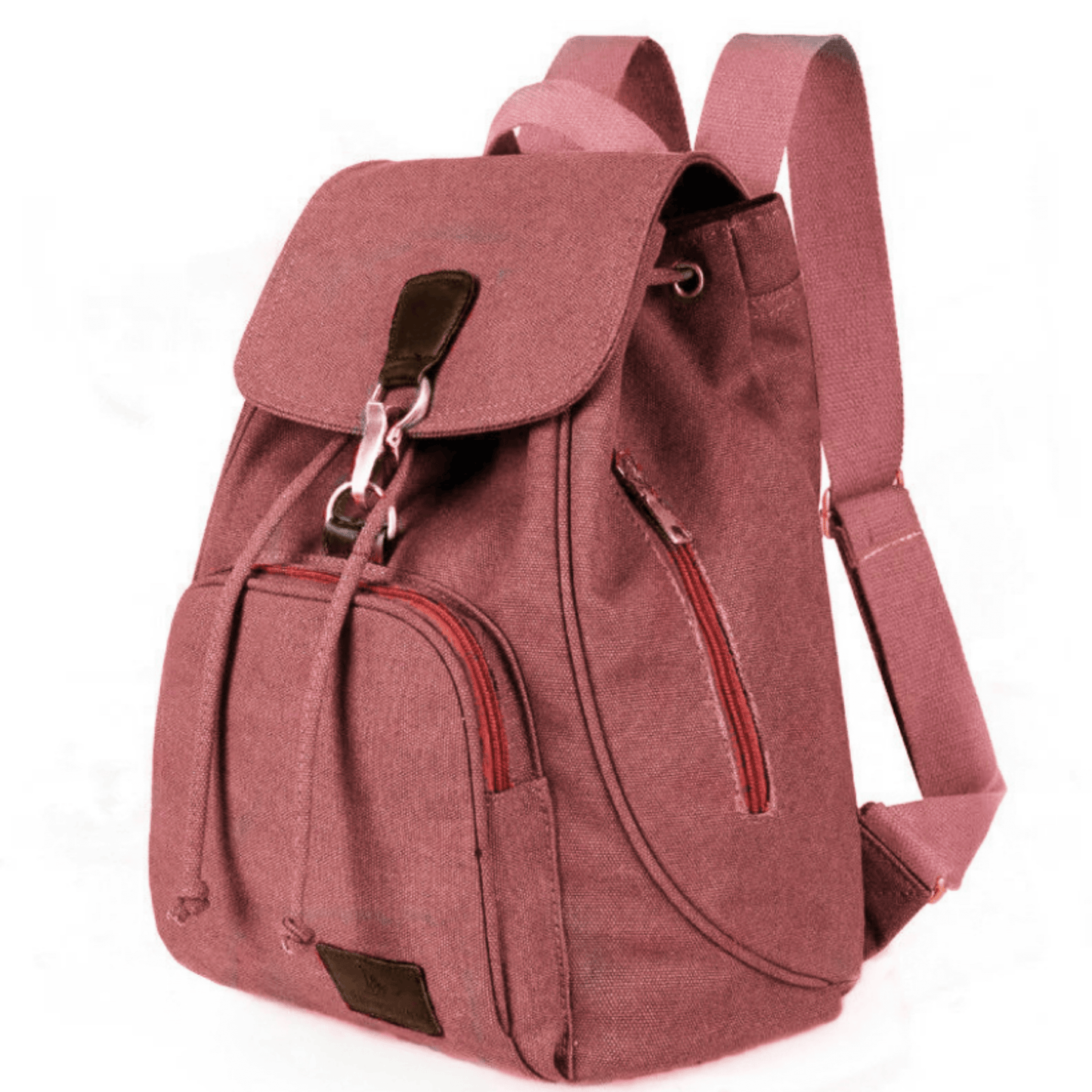 Stylish pink canvas backpack with multiple compartments and adjustable straps for school and travel.