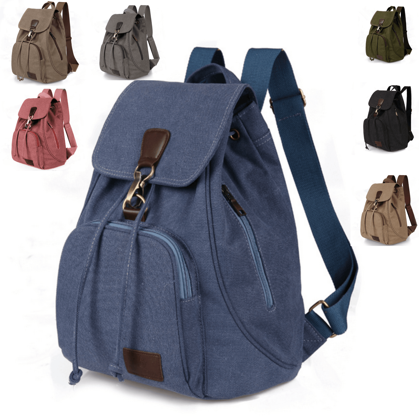 School Work Gym Canvas Backpack in blue, showcasing multiple color options and practical design features.
