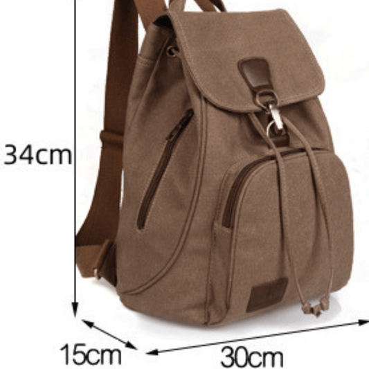 School work gym canvas backpack bag in brown with adjustable straps and multiple compartments, dimensions 34x30x15 cm.
