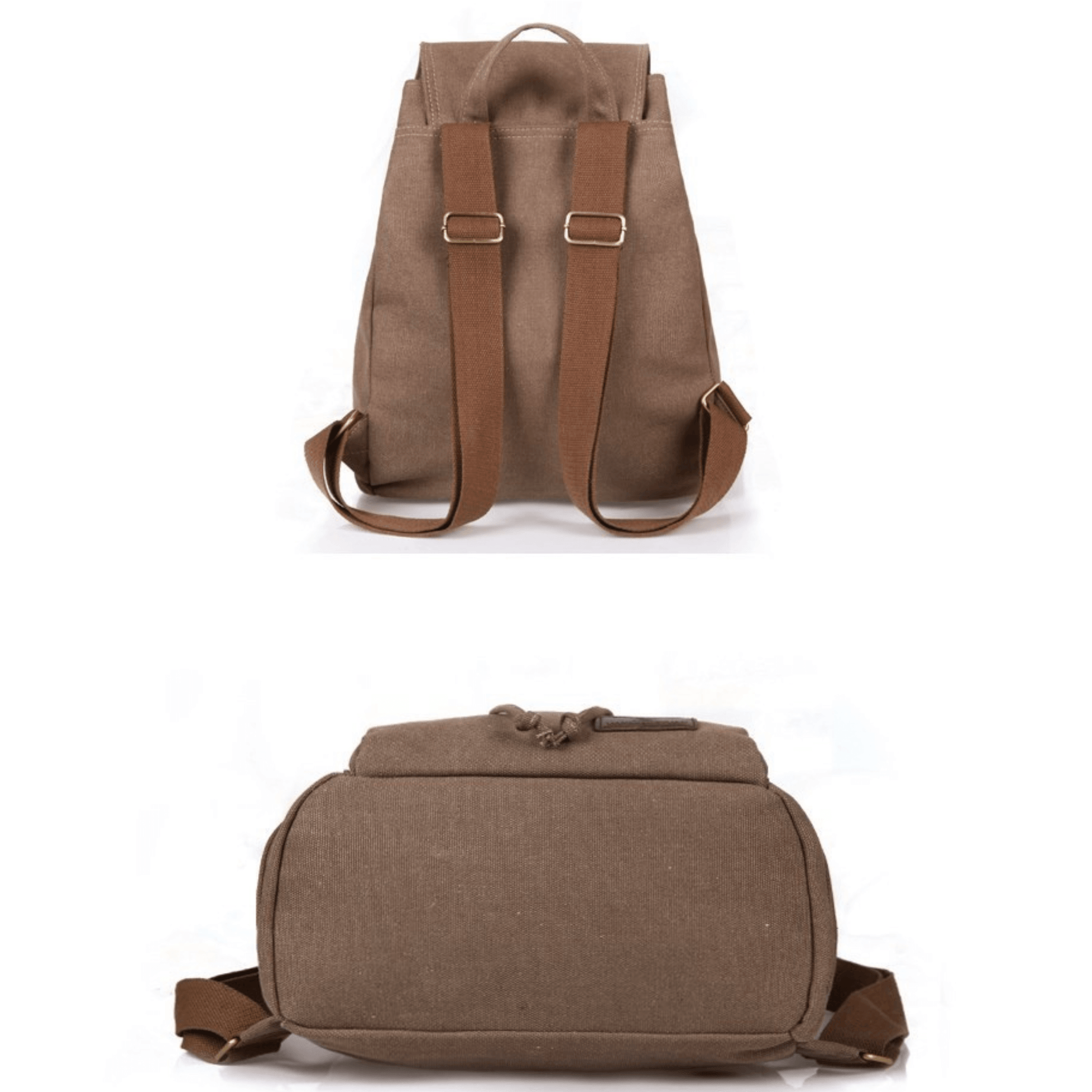 Brown canvas backpack with adjustable straps and spacious main compartment, ideal for school and gym use.