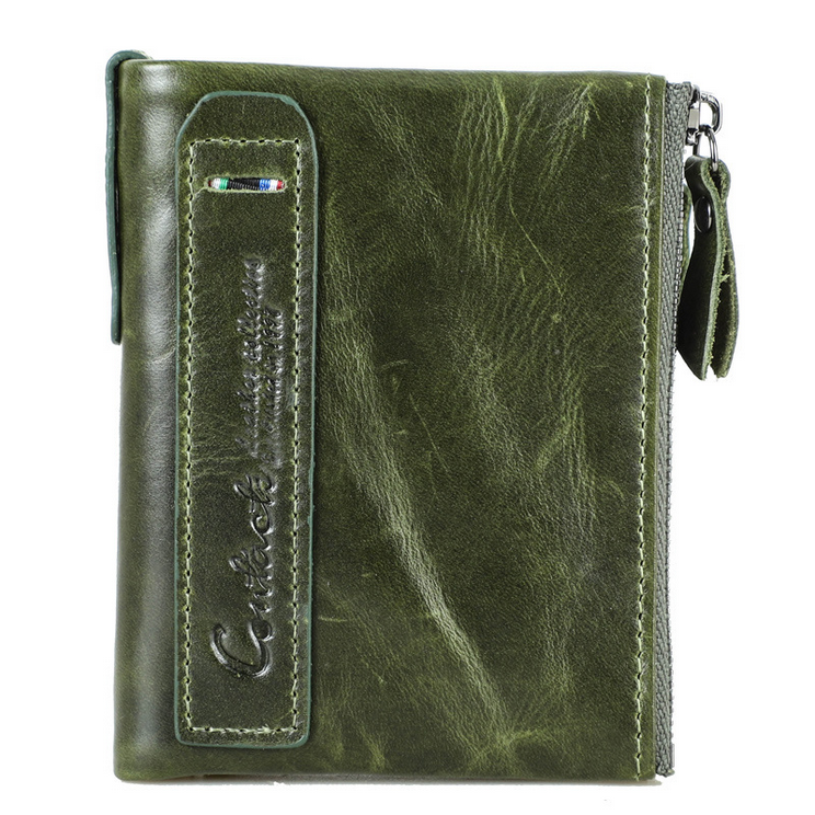 Top grain leather green wallet clutch purse for women, featuring zip closure and card organizer.