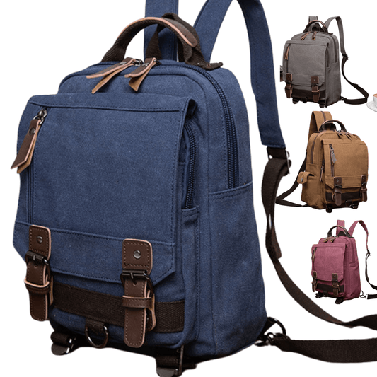 Designer Canvas Backpack Bag and Sling Bag All in One in blue, showcasing adjustable straps and multiple pockets for convenience.