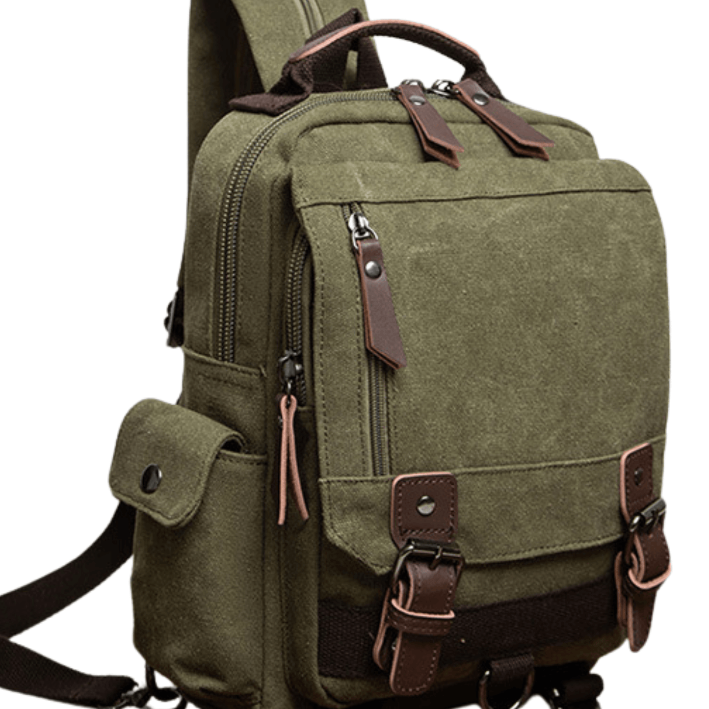 Designer Canvas Backpack Bag and Sling Bag in green with multiple pockets and stylish leather accents.