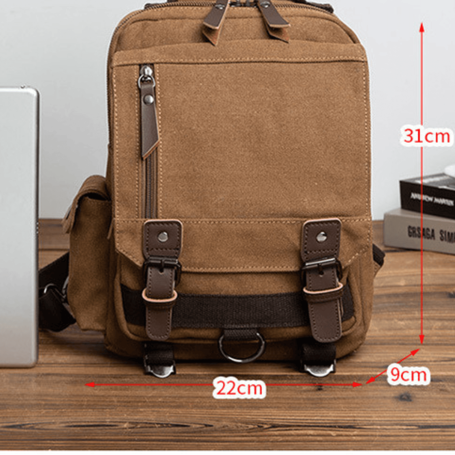 Designer Canvas Backpack Bag and Sling Bag dimensions: 31cm H x 22cm W x 9cm D, showcasing practical luxury and versatile design.