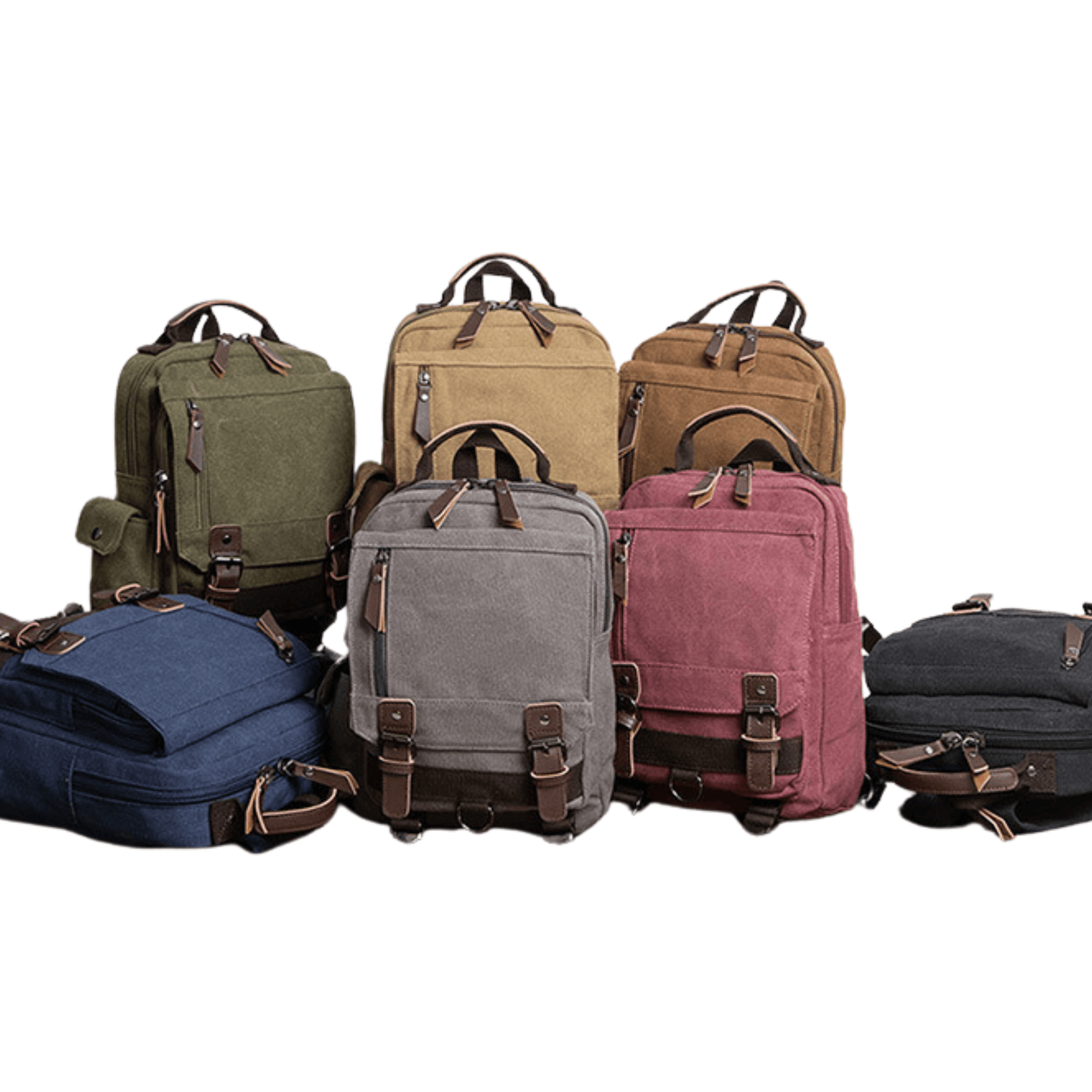 Various colors of Designer Canvas Backpack Bags and Sling Bags all in one, featuring stylish design and practical features.