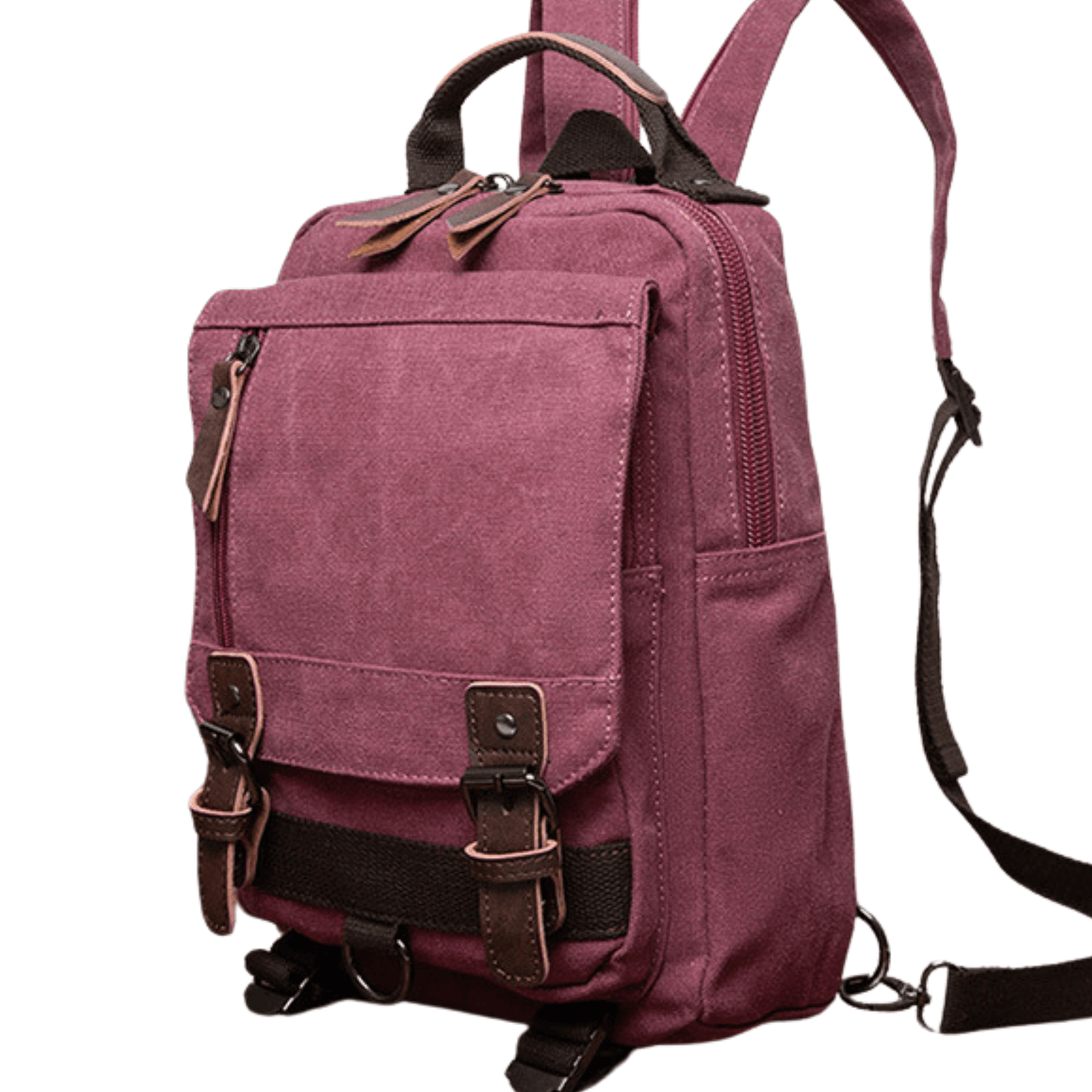 Designer Canvas Backpack Bag in burgundy with dual straps and front pockets, versatile for casual and travel use.