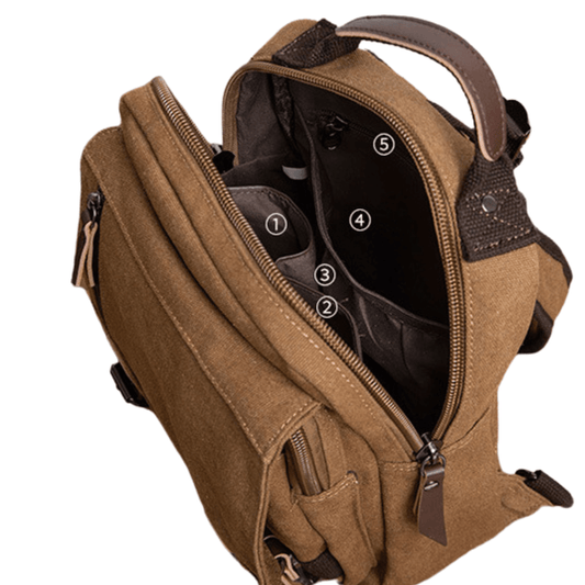 Interior view of Designer Canvas Backpack showing compartments and zippers for organized storage.