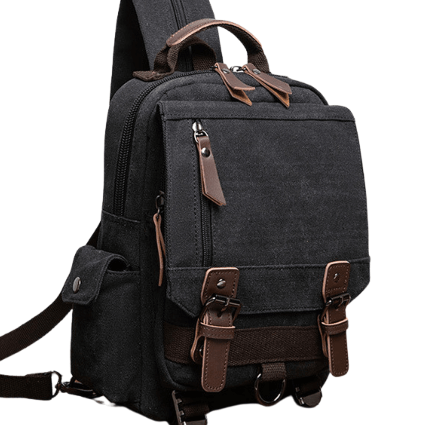 Designer Canvas Backpack Bag and Sling Bag All in One in black, featuring multiple pockets and leather accents.