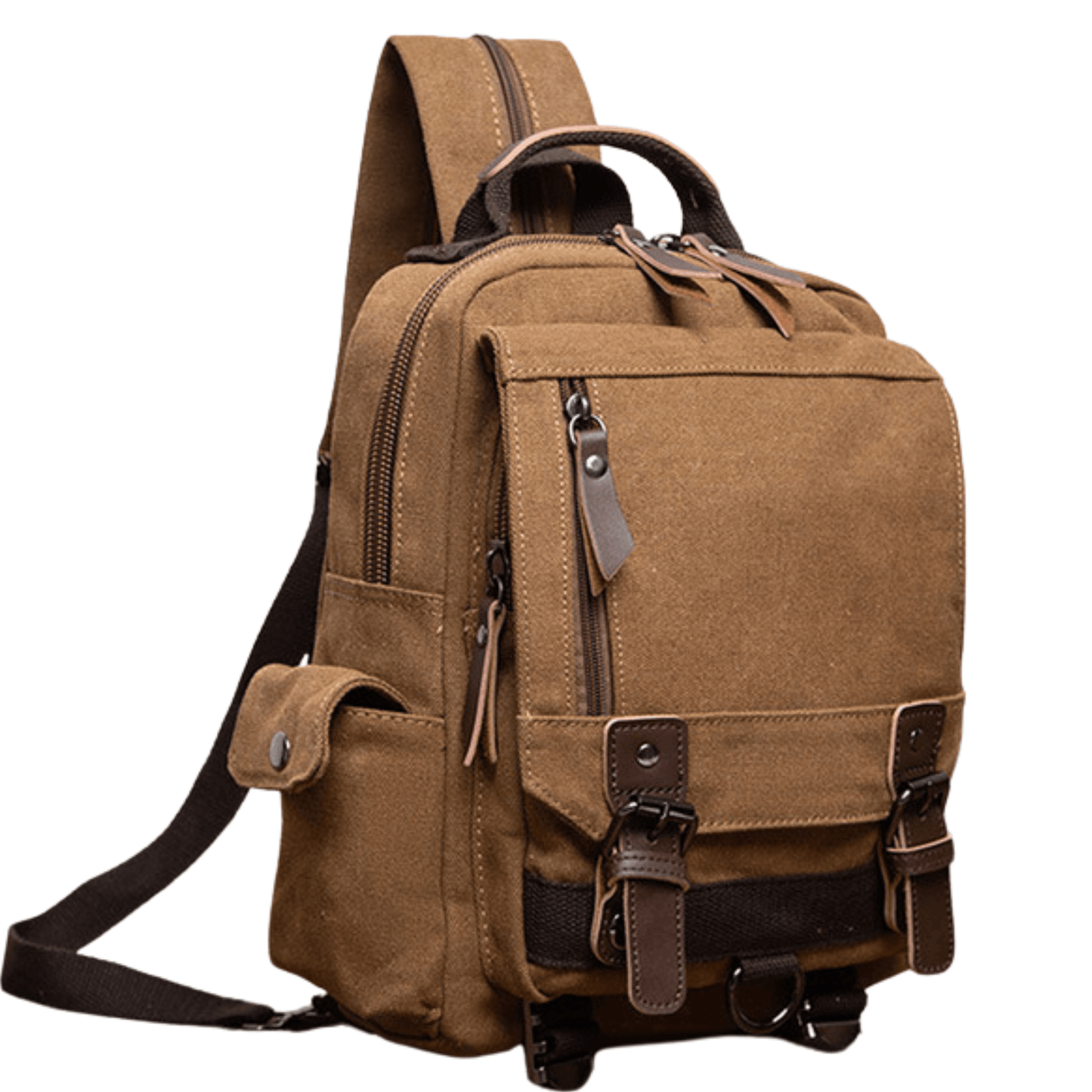 Designer Canvas Backpack Bag and Sling Bag All in One in brown color with multiple pockets and sturdy straps.