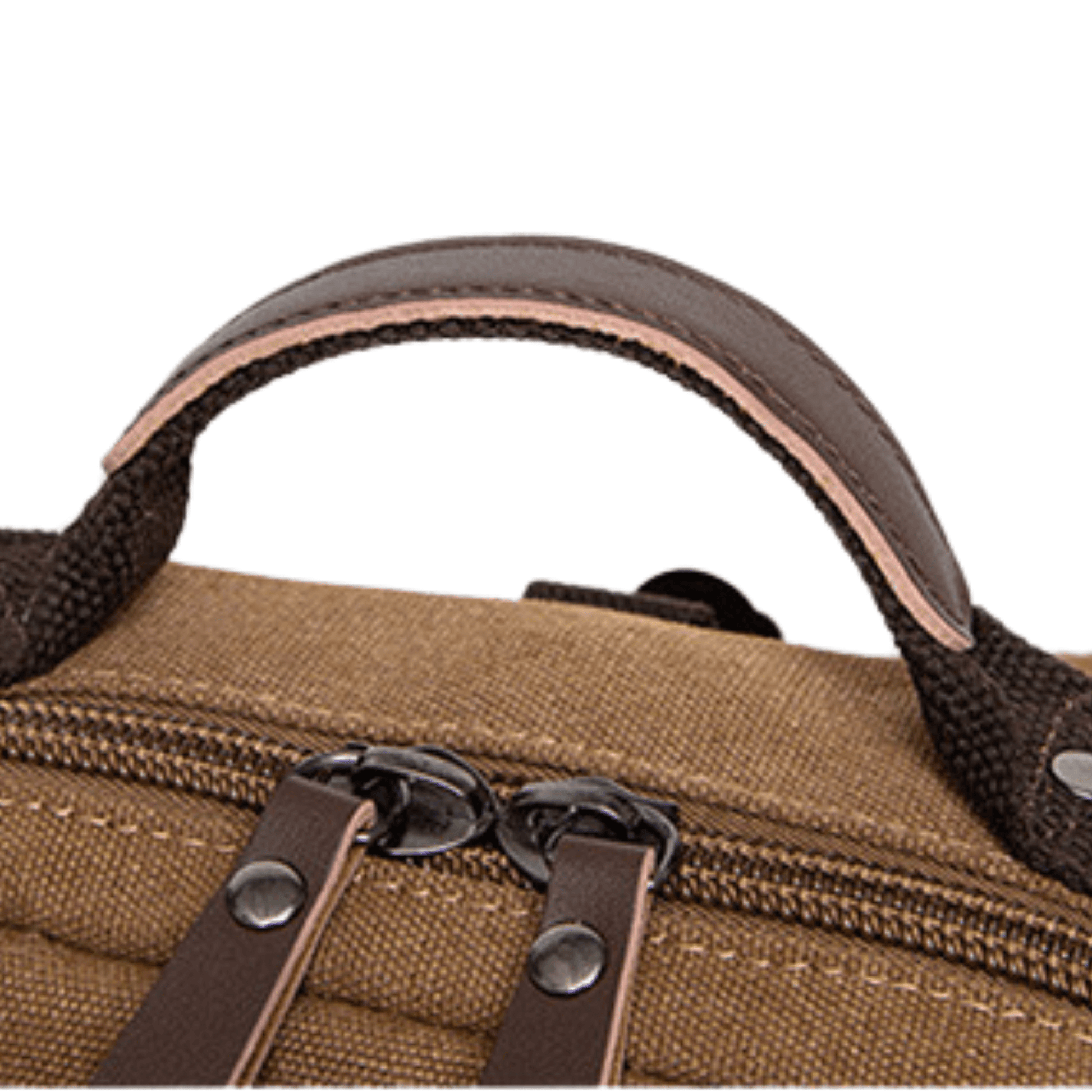 Close-up of the handle and zippers on the Designer Canvas Backpack Bag and Sling Bag All in One.