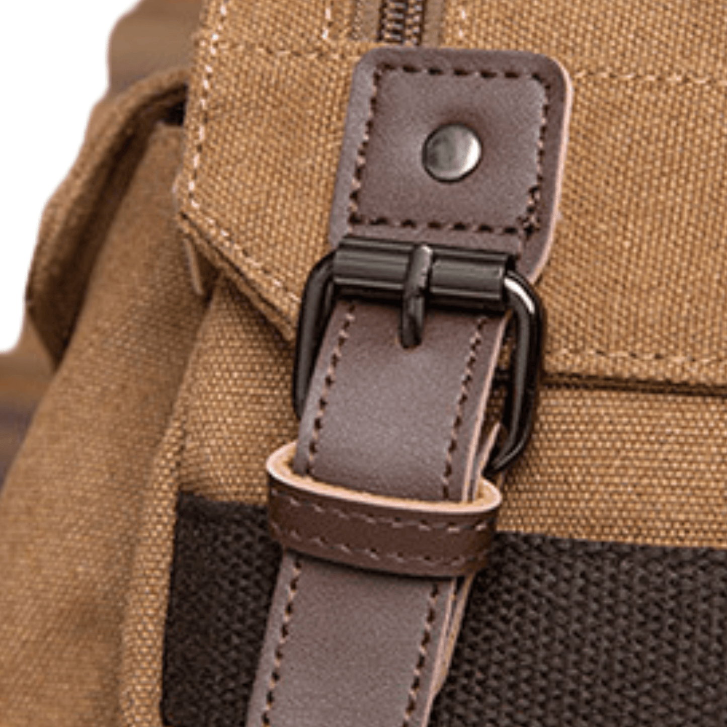 Close-up of the buckle and strap on the Designer Canvas Backpack Bag and Sling Bag for practical luxury and organization.
