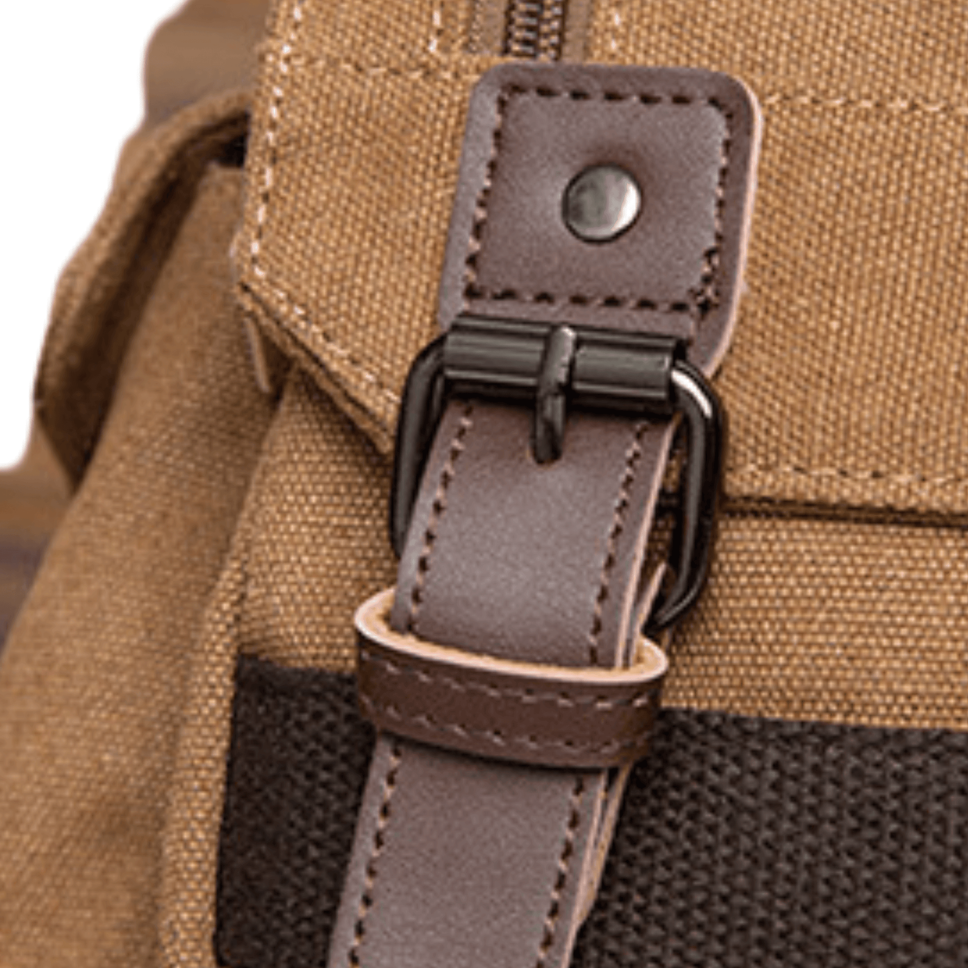 Close-up of the buckle and strap on the Designer Canvas Backpack Bag and Sling Bag for practical luxury and organization.