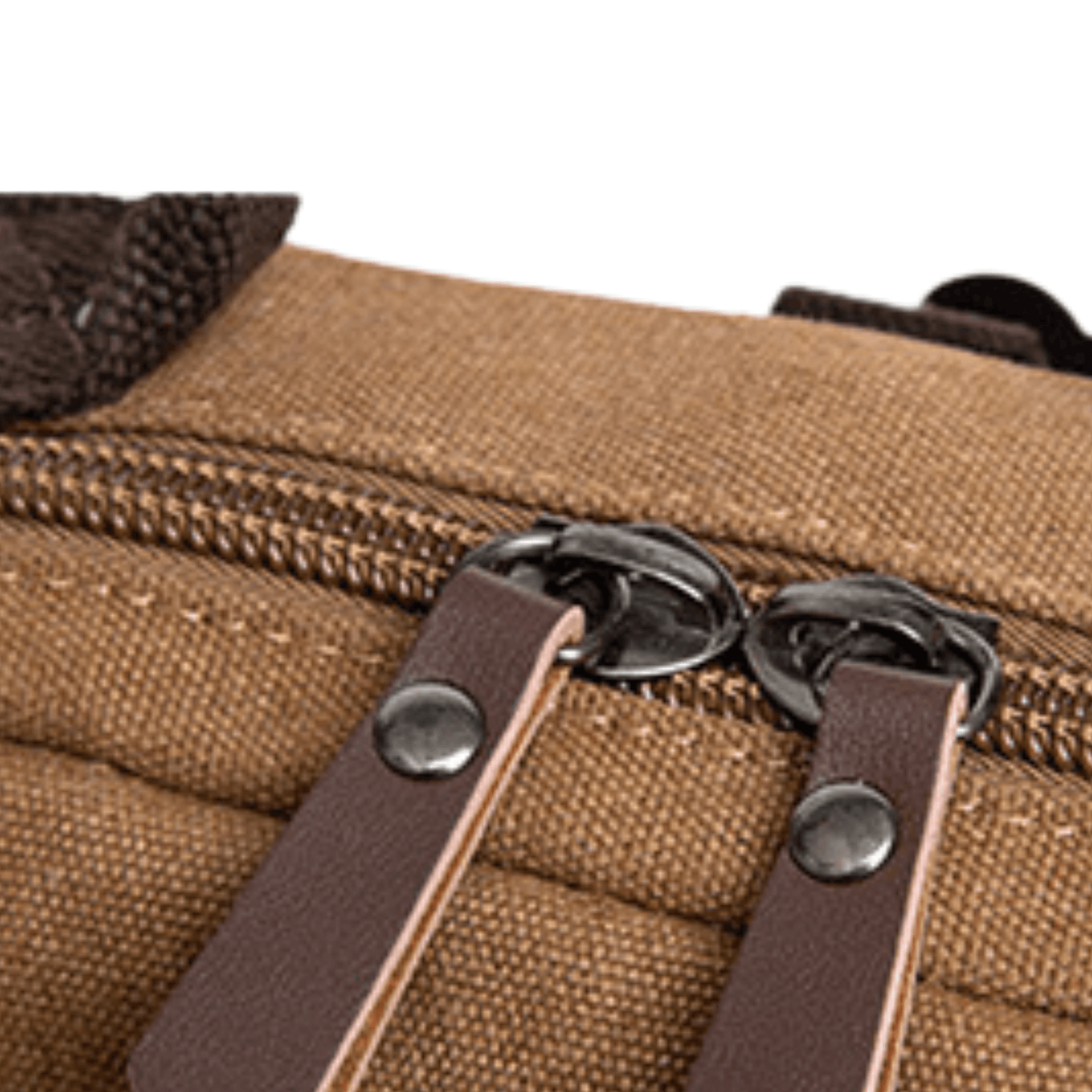 Close-up of the zipper and stitching details on the Designer Canvas Backpack and Sling Bag.