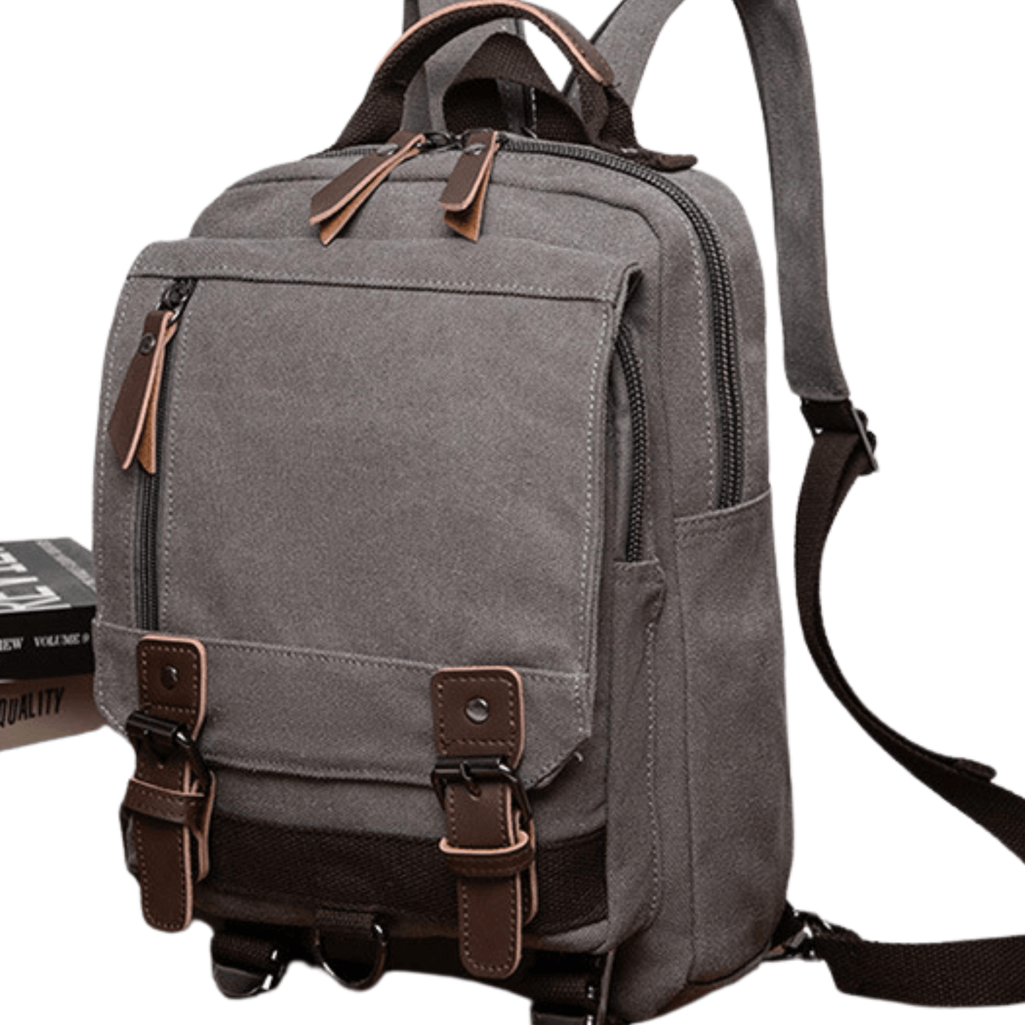 Designer canvas backpack bag and sling bag in gray with practical zippers and stylish leather accents.
