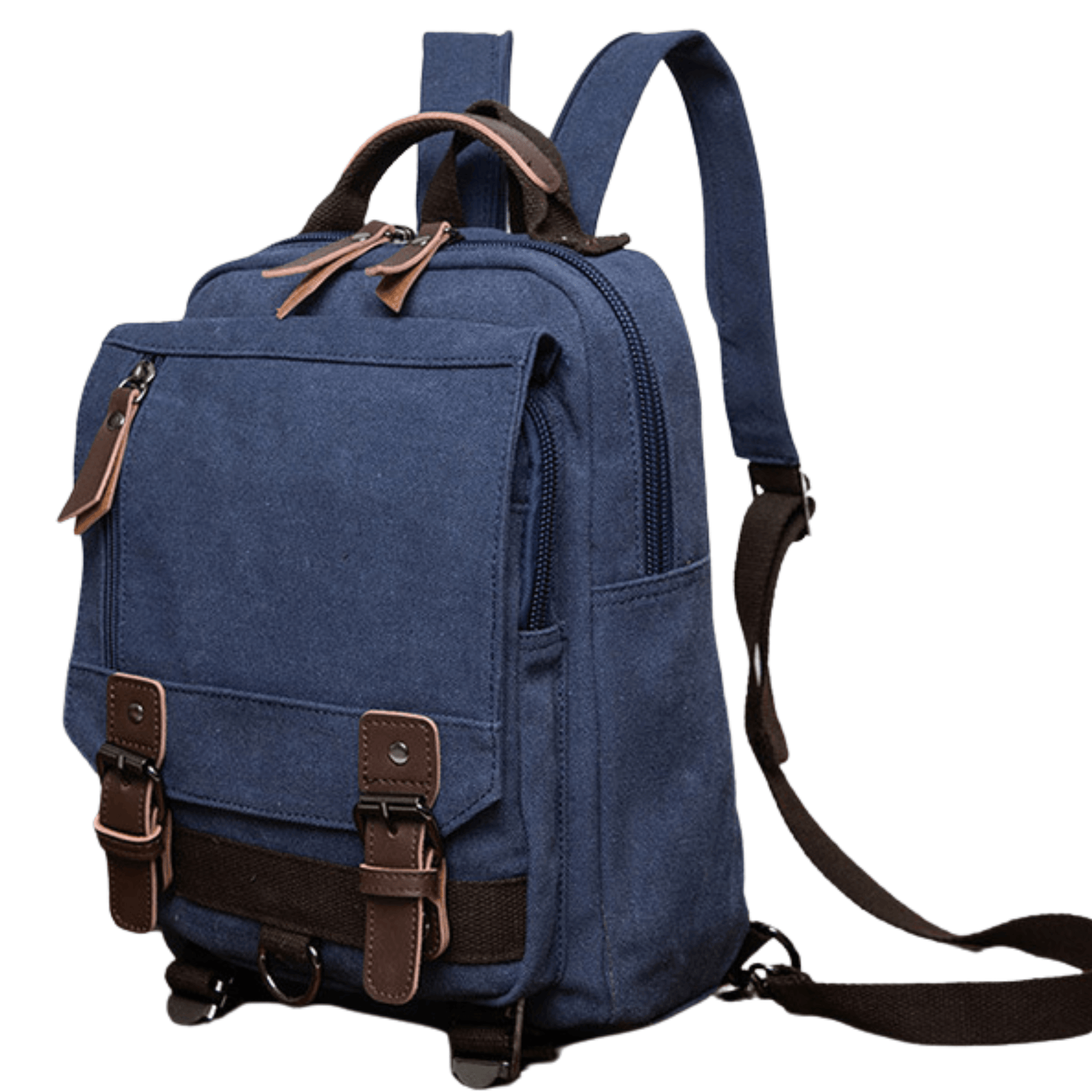 Designer canvas backpack bag in navy blue with multiple zippers and adjustable straps, transforms into a sling bag.