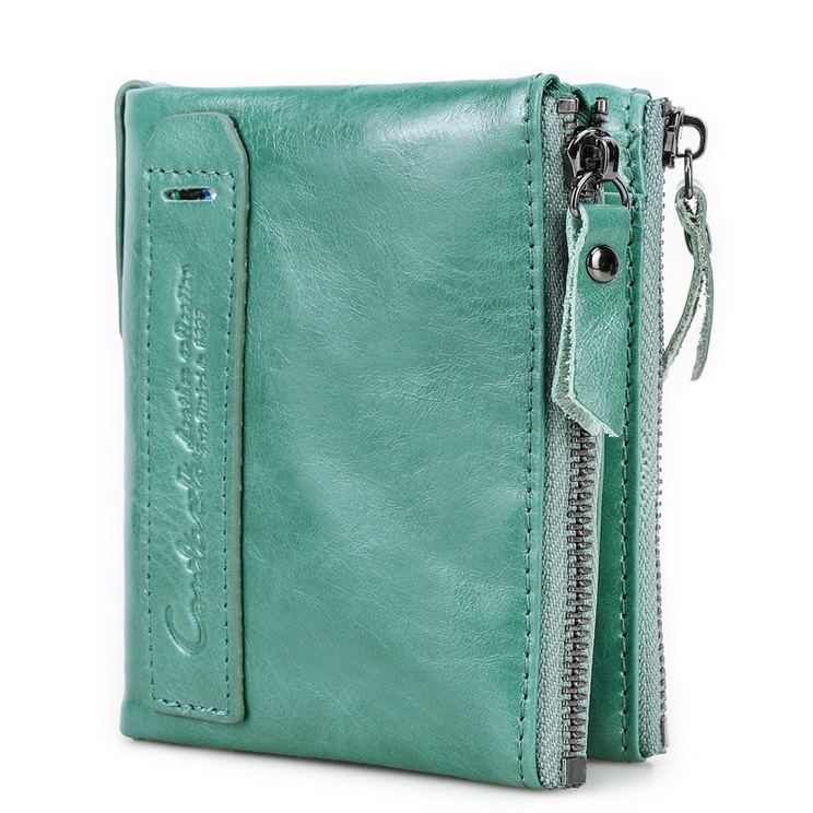 Top grain leather wallet clutch purse in vibrant teal with zipper and card slots.