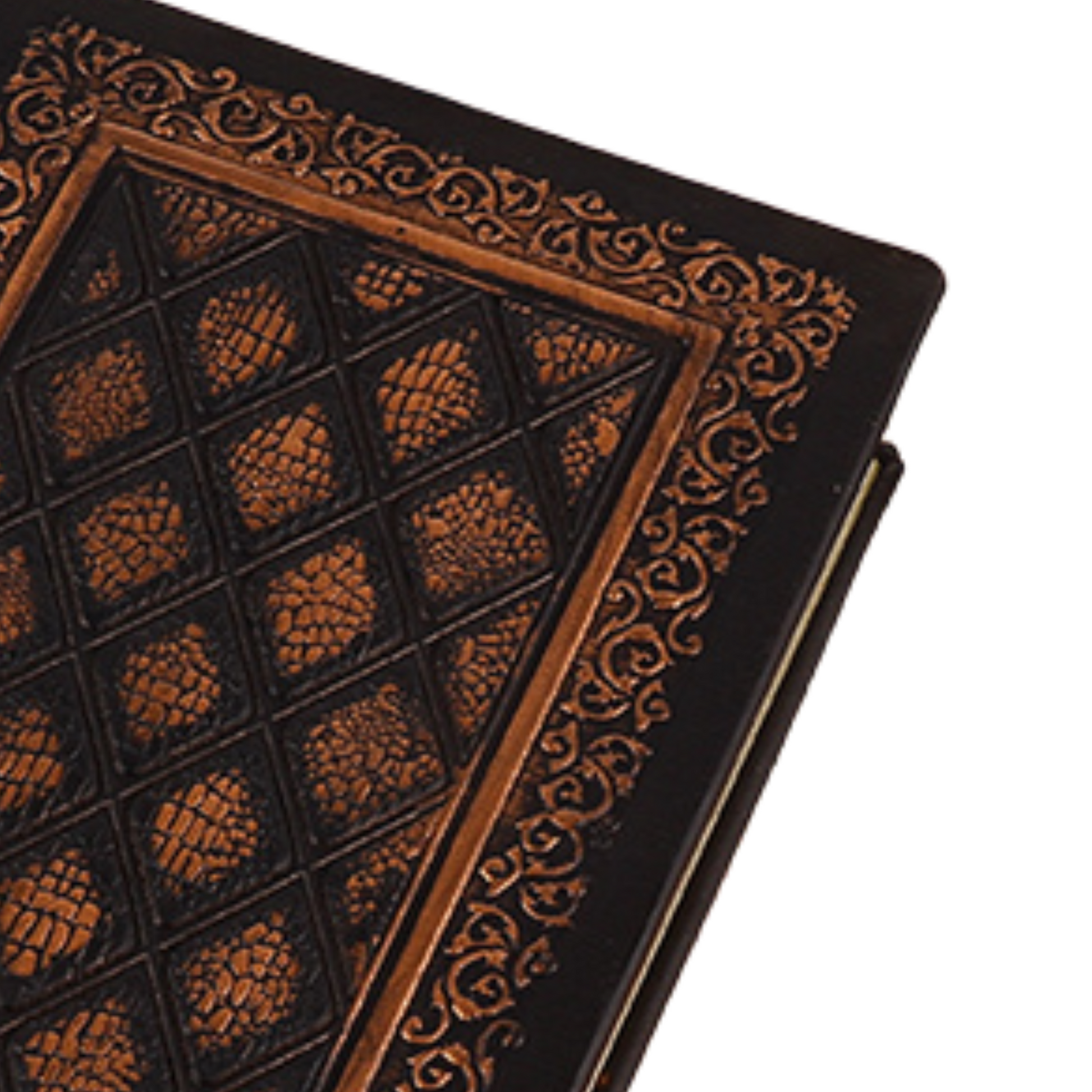 Handmade black hard cover travel journal with embossed design and gold edges.