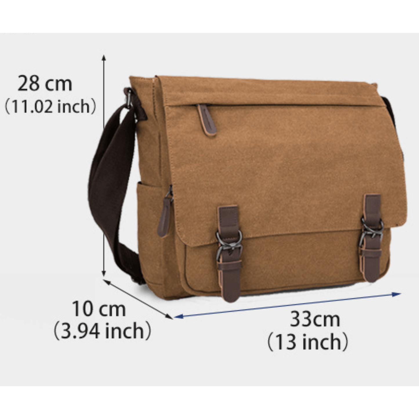 Large 13 inch canvas cross body messenger satchel with dimensions, perfect for travel and daily use.