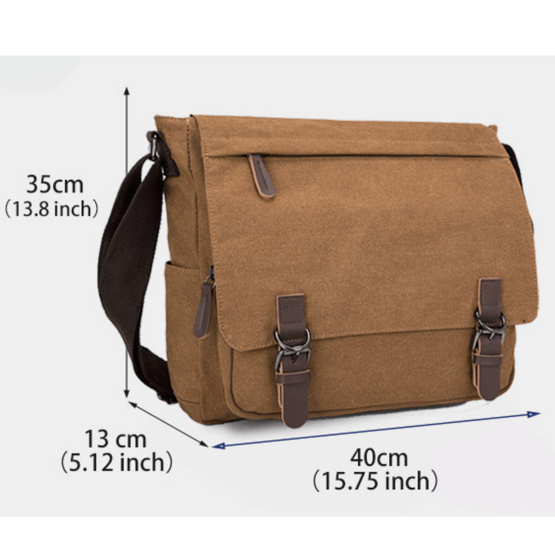 Large canvas messenger bag dimensions: 35cm x 40cm, designed for style and convenience.