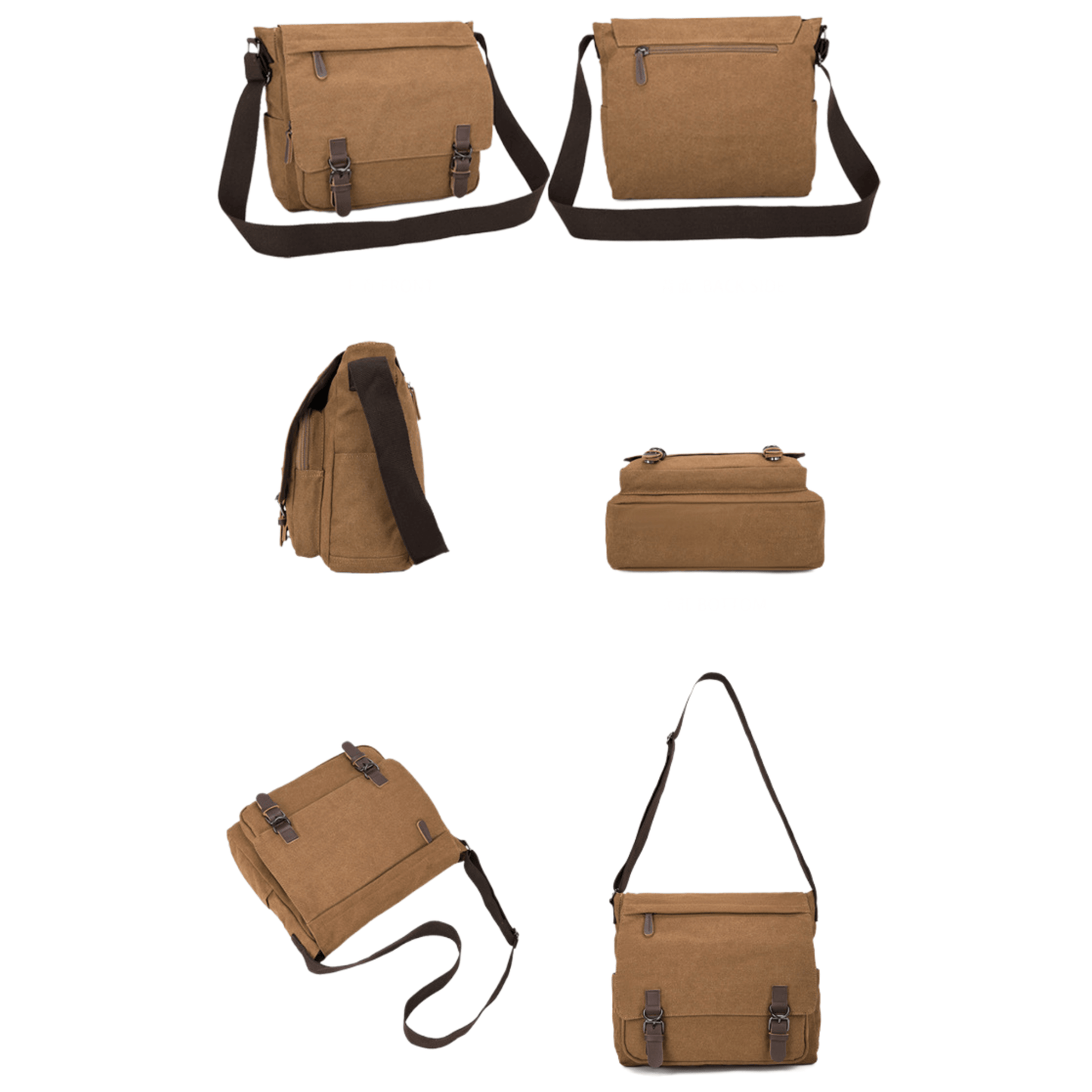 Large 13 inch and Extra Large 15 inch canvas cross body messenger satchel travel bag in brown color.