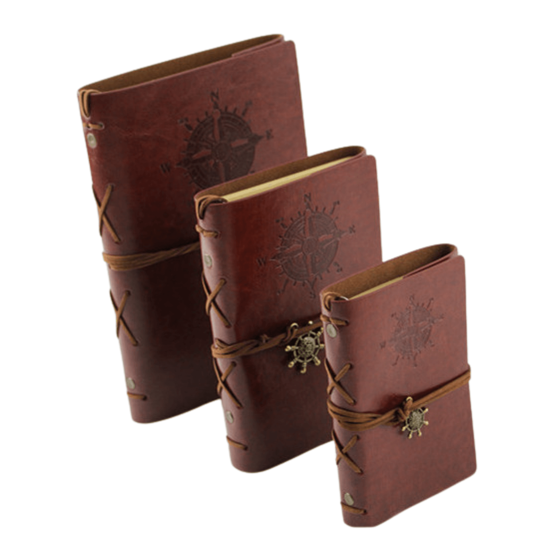 Set of three genuine leather travel journals with compass design and decorative closures, perfect for writers and travelers.