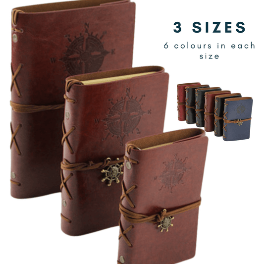 Genuine leather travel journals in 3 sizes and 6 colors for creatives and travelers.