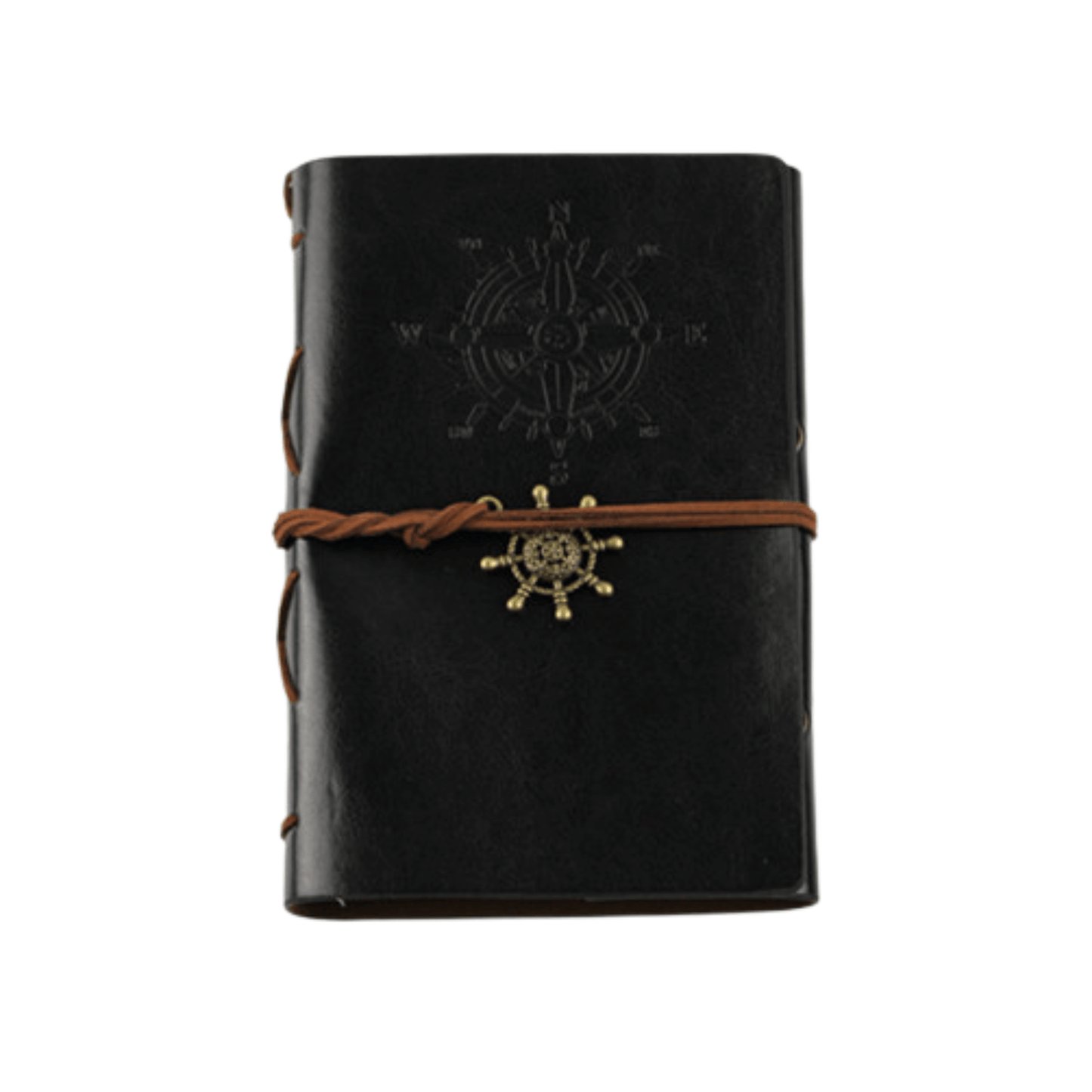 Genuine leather travel journal with compass design and metal clasp, perfect for writers and artists on the go.
