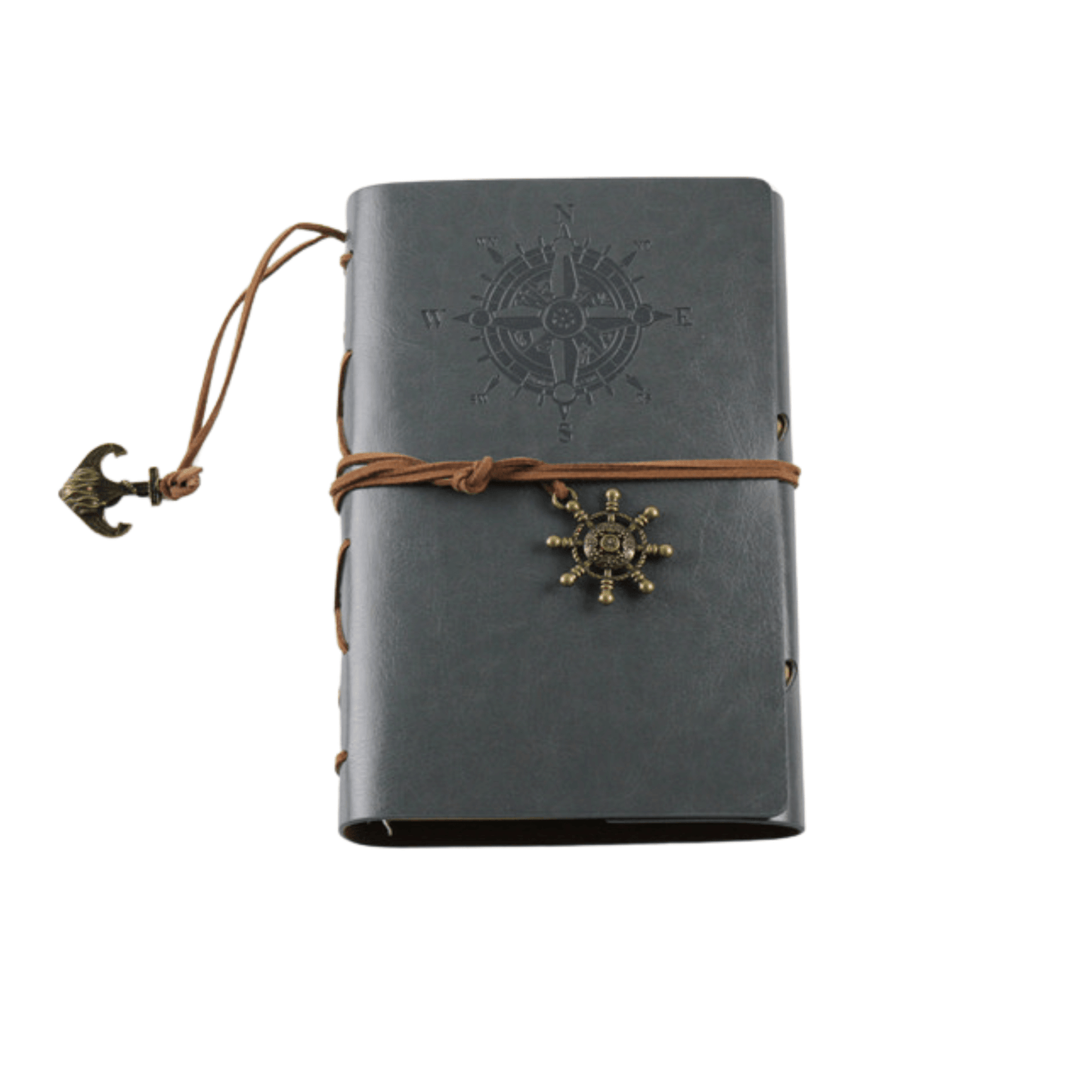 Genuine leather bound travel journal with compass design and decorative anchor closure for writers and artists.