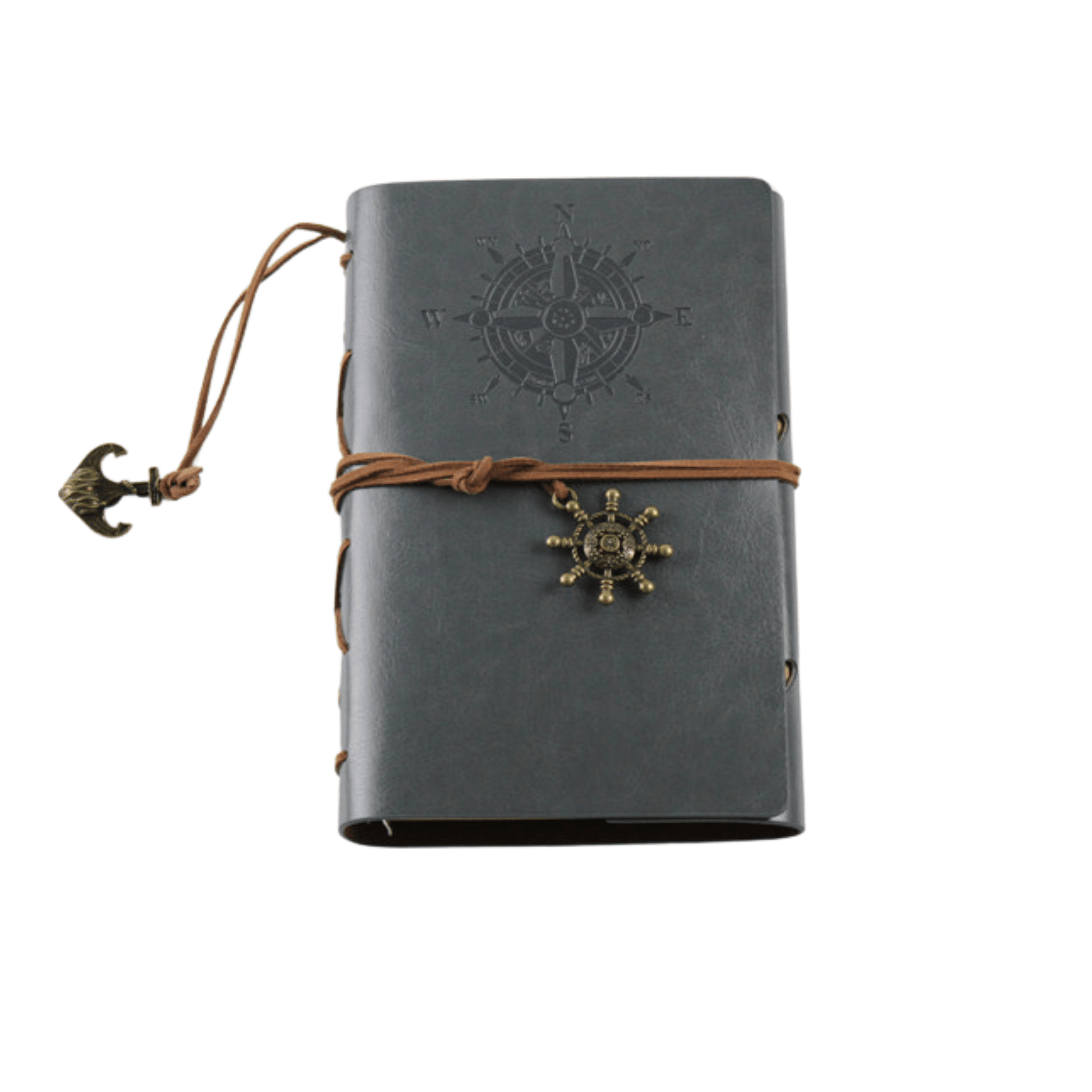 Genuine leather bound travel journal with compass design and decorative anchor closure for writers and artists.