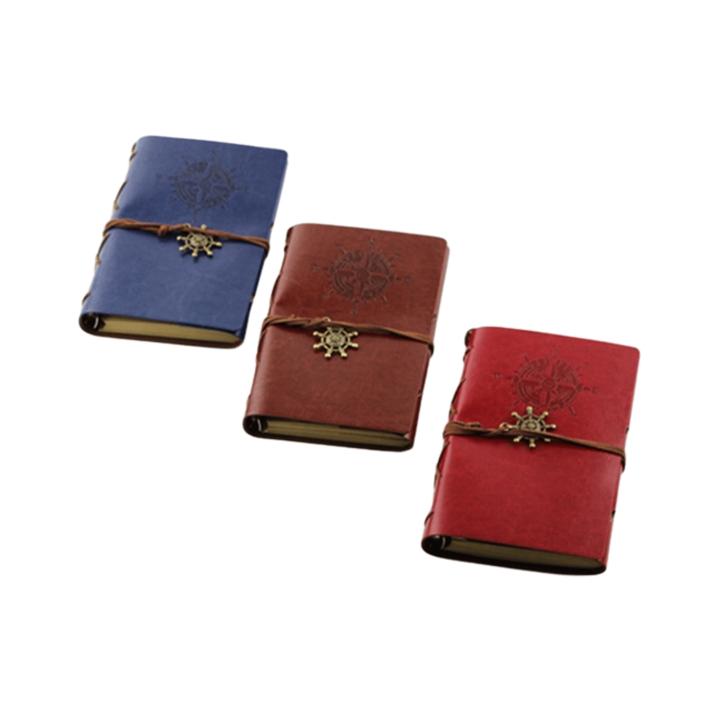 Three genuine leather bound travel journals in blue and red, featuring metal insignias and 80 pages for writing.