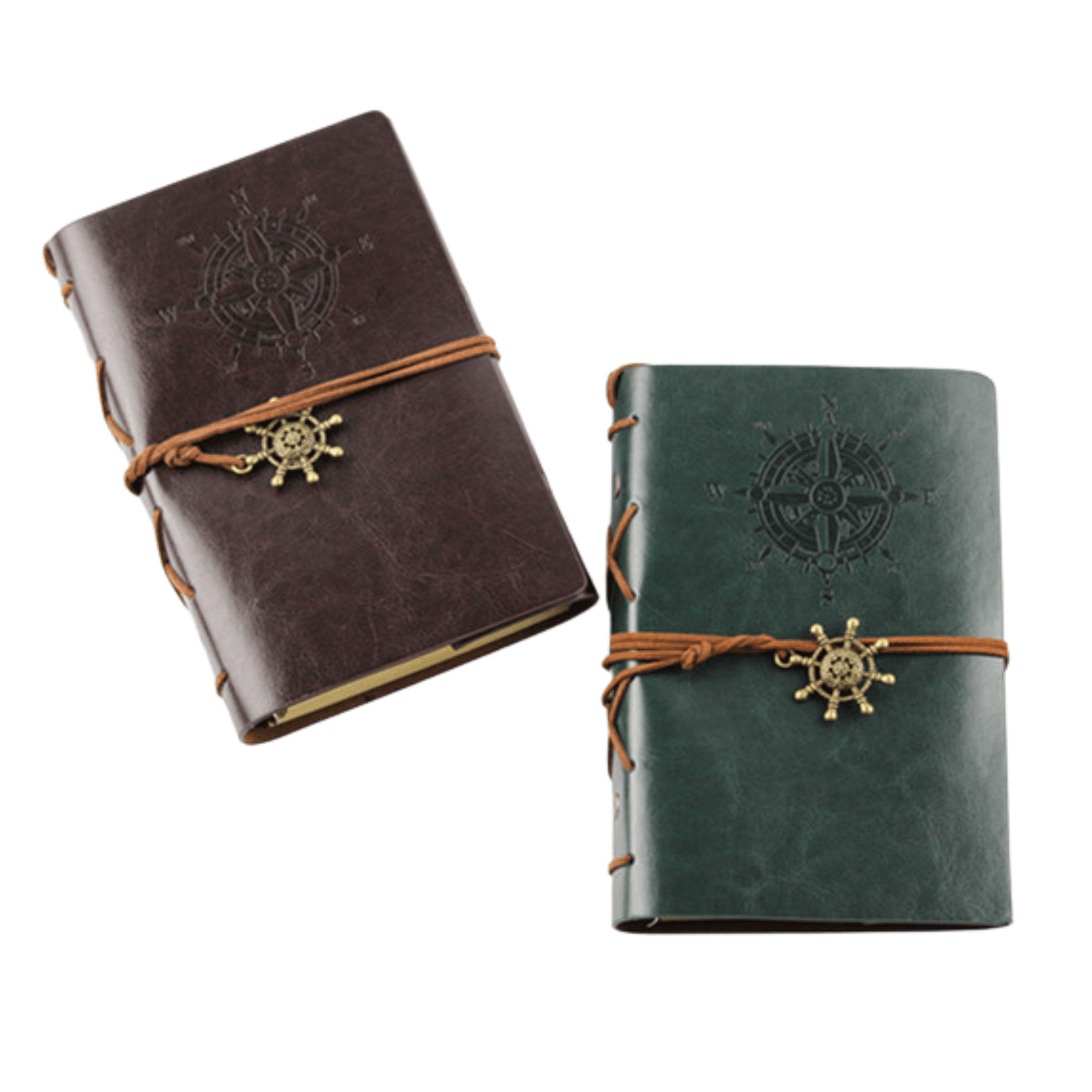 Genuine leather travel journal diary book set in brown and green with compass design and metal charm.